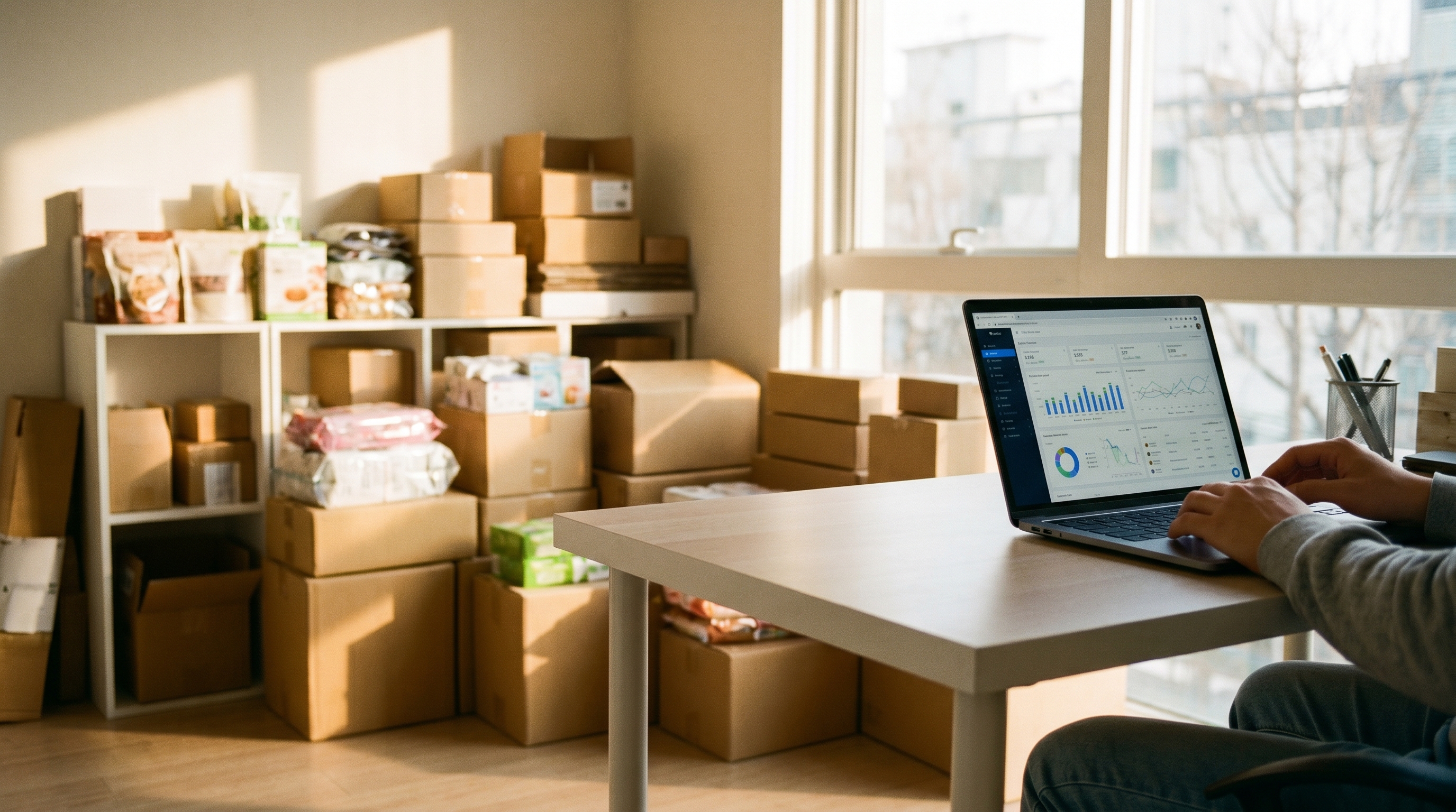 Ein kleines, helles Büro mit einem einzelnen Schreibtisch, auf dem ein Laptop mit Dashboard-Grafiken steht. Im Hintergrund Pakete und Produkte eines Handelsunternehmens. Warme, optimistische Lichtstimmung, die Effizienz und Aufbruch symbolisiert.