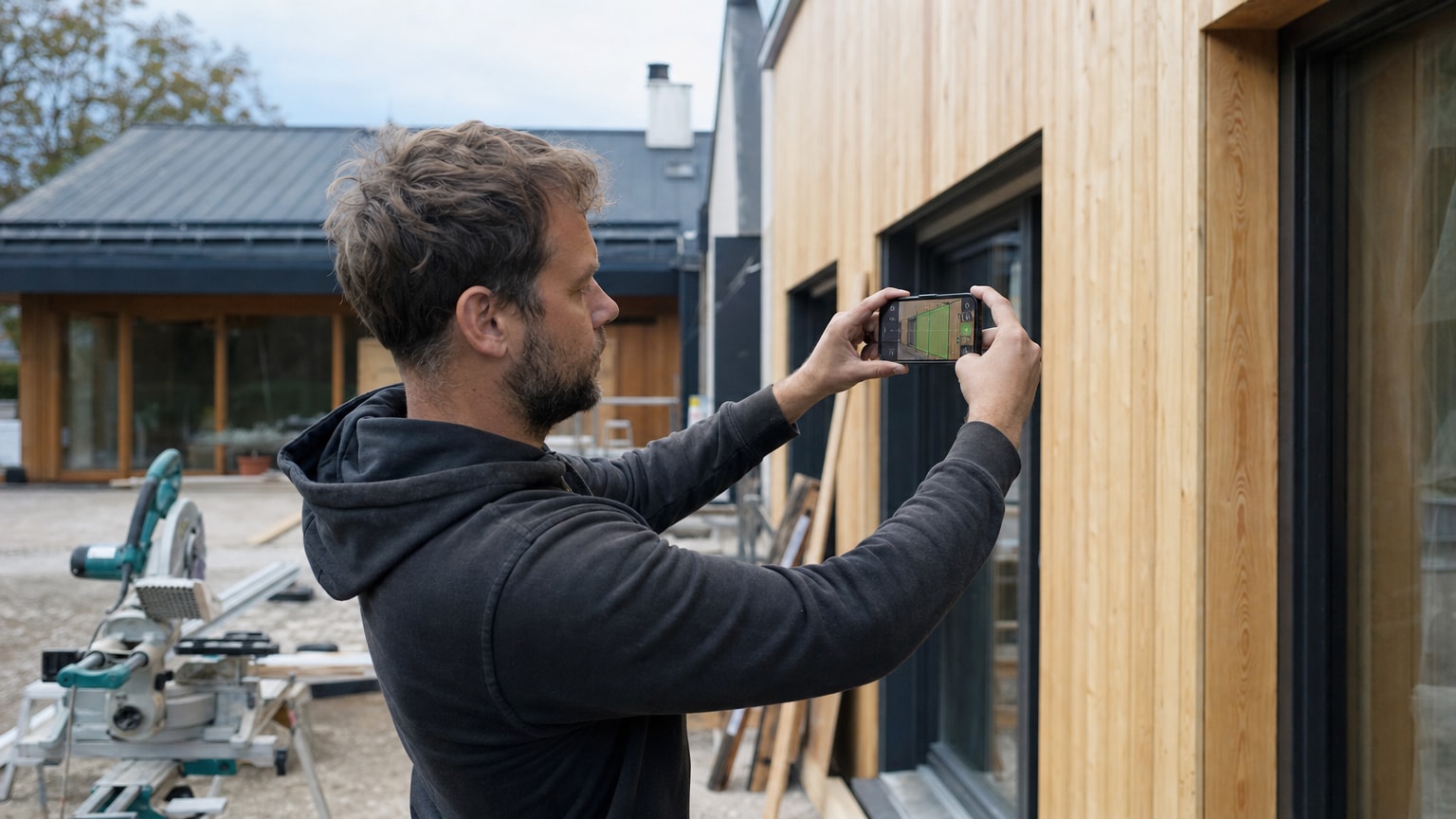 Ein Handwerker auf einer Baustelle hält sein Smartphone vor eine Fassade. Auf dem Display sind digitale Maßlinien und Flächen über das Foto gelegt. Helle, professionelle Atmosphäre, modernes Werkzeug im Hintergrund.