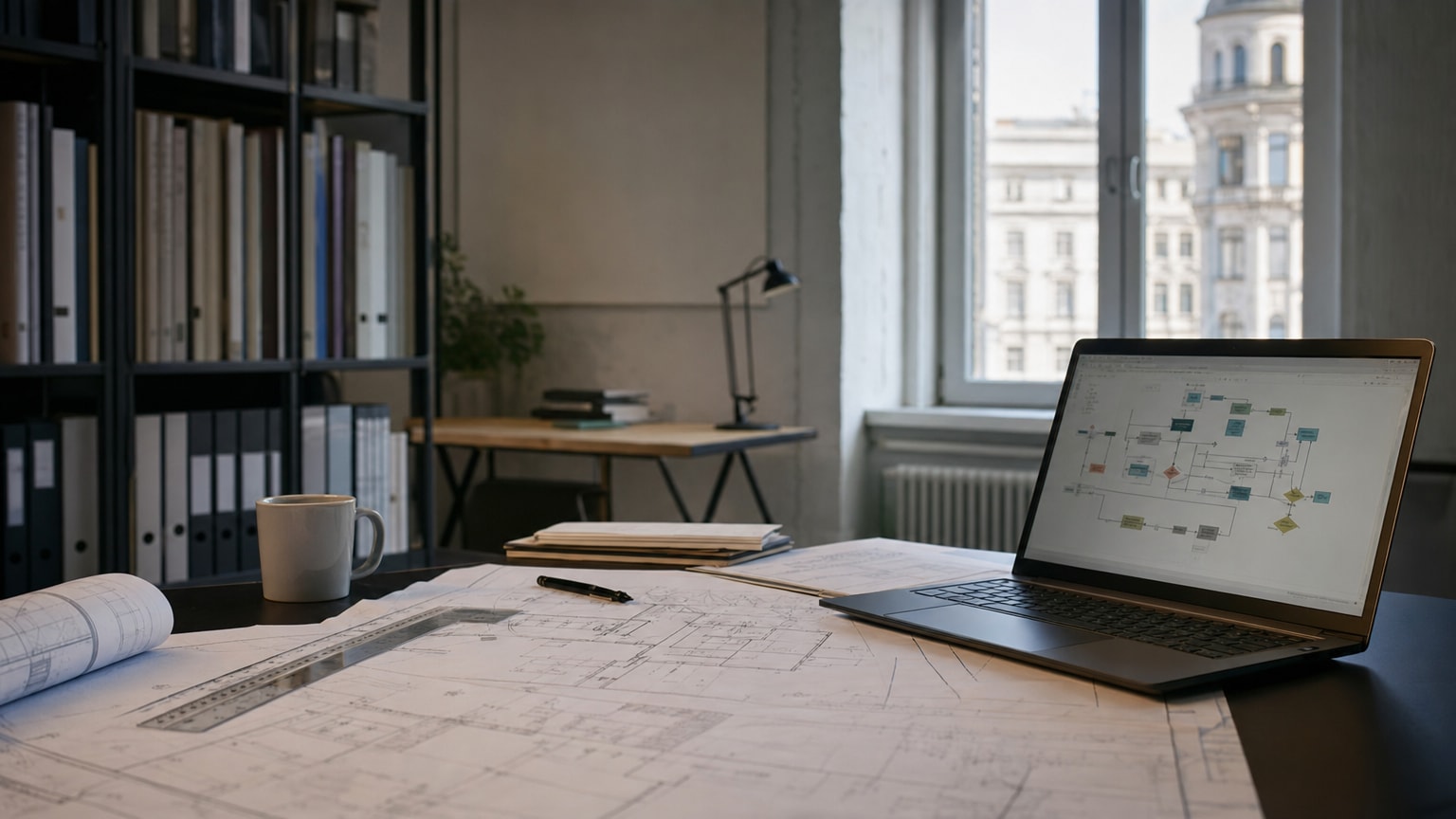Ein Schreibtisch mit Architektur-Blaupausen eines Geschäftsprozesses, daneben ein aufgeklappter Laptop mit Workflow-Diagrammen — symbolisiert strategisches Geschäftsverständnis statt reinem Marketing-Fokus. Warme, professionelle Büro-Atmosphäre.