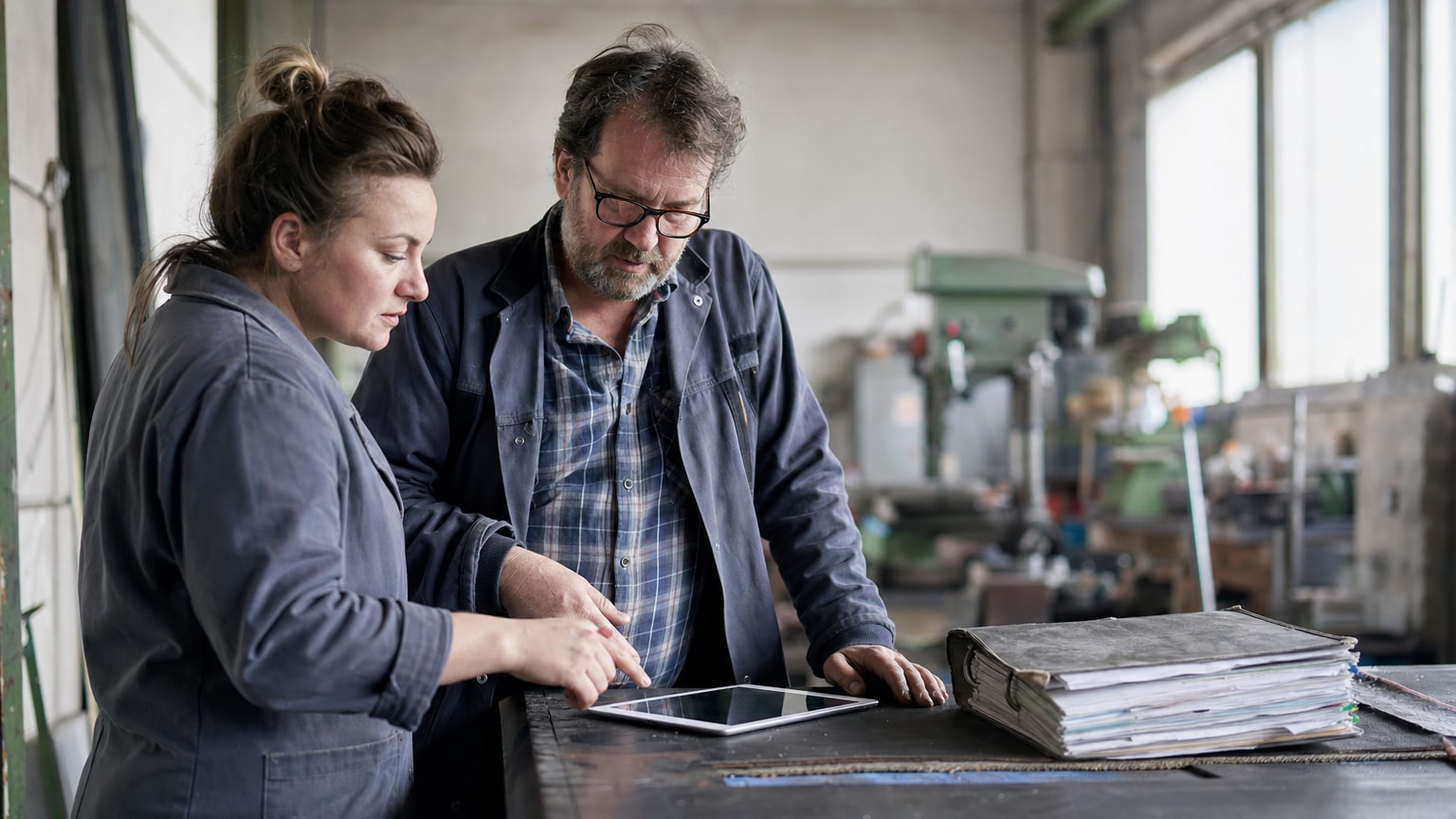 Ein traditioneller Handwerksbetrieb, in dem ein älterer Ordner neben einem modernen Tablet liegt – Kontrast zwischen Alt und Neu, warme Werkstatt-Atmosphäre, keine Personen im Fokus.