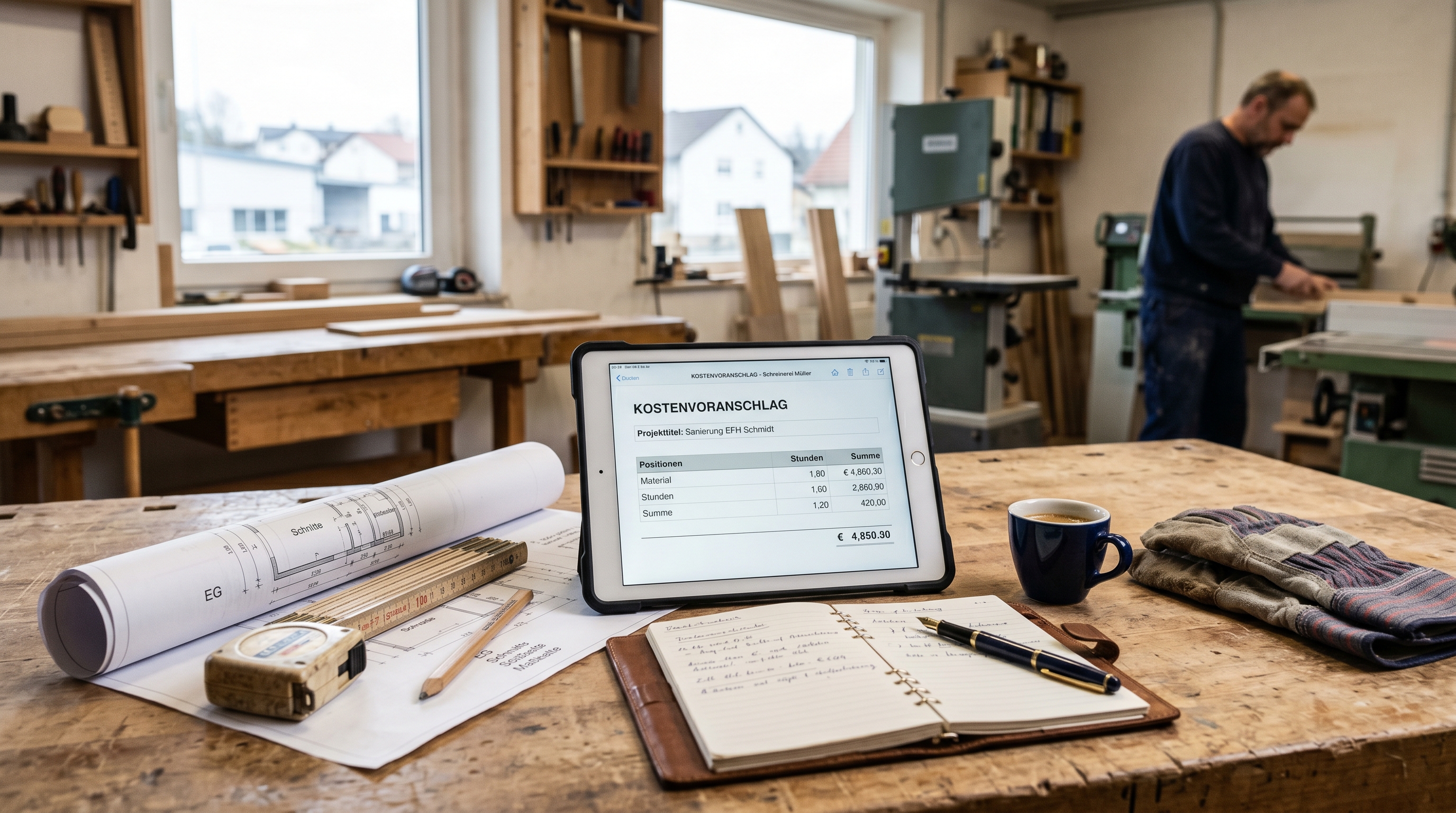 Ein aufgeräumter Schreibtisch in einem Handwerksbetrieb mit Tablet, auf dem ein strukturierter Kostenvoranschlag angezeigt wird, daneben Werkzeug und Baupläne — moderne Büroarbeit trifft Handwerksrealität.