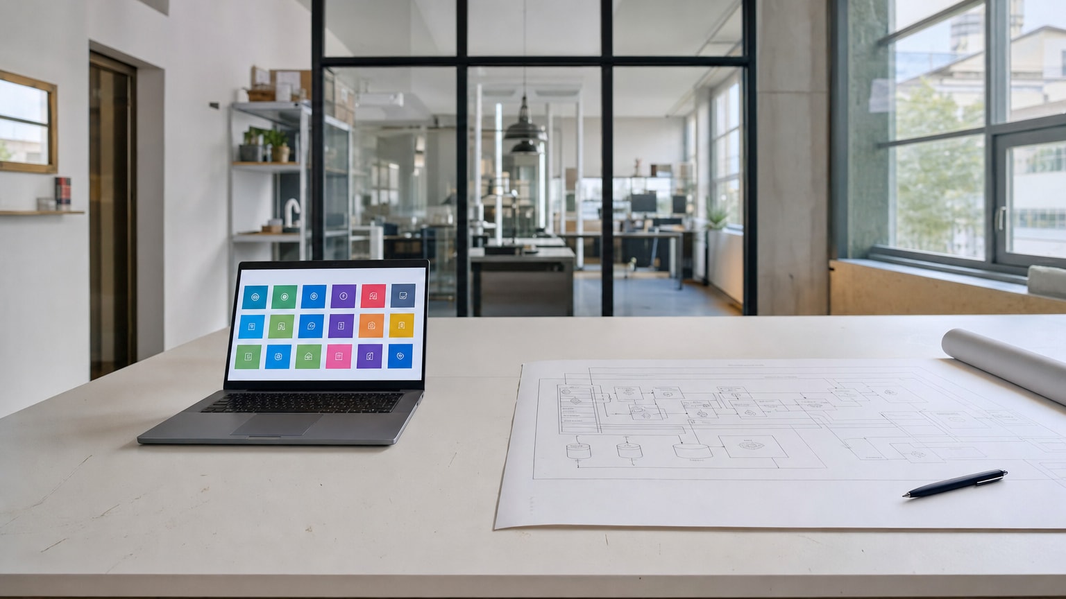 Ein aufgeräumter Schreibtisch mit zwei Wegen: links ein Laptop mit bunten DIY-Tool-Oberflächen, rechts ein strukturiertes Architektur-Diagramm einer professionell integrierten KI-Lösung — symbolisch für die Entscheidung zwischen Selbermachen und strategischer Partnerschaft.