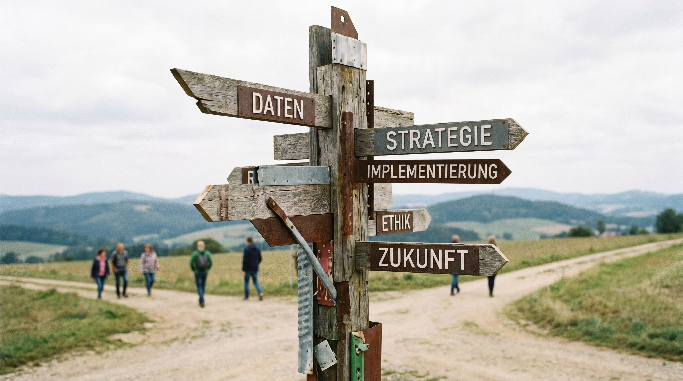 Abstraktes Bild eines Wegweisers an einer Kreuzung, der verschiedene Richtungen zeigt – symbolisch für die Entscheidungsfindung bei der Wahl einer KI-Agentur. Moderne, helle Farben, professionell.