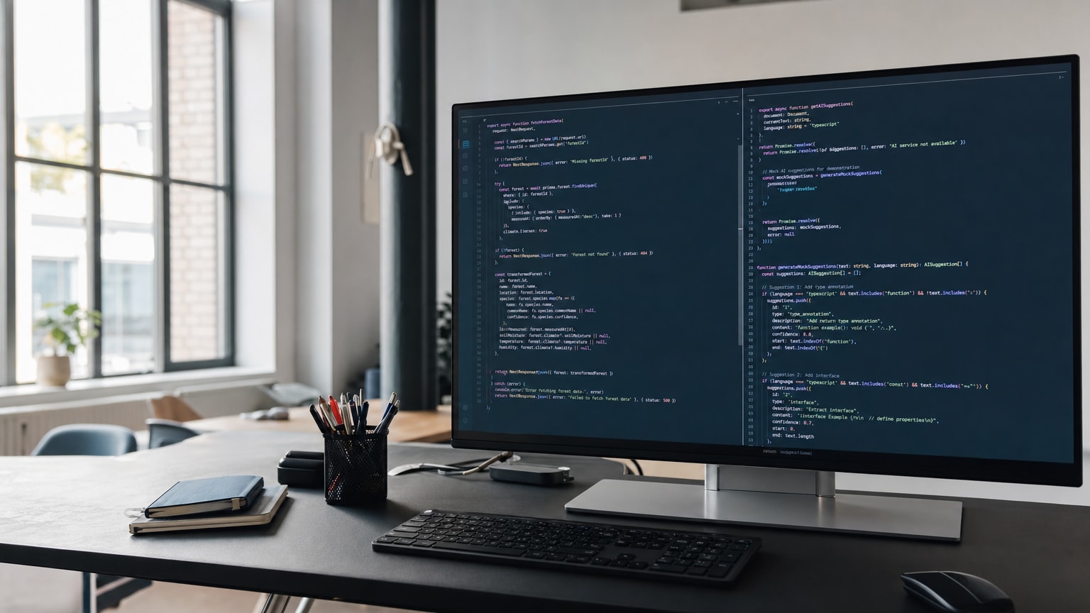 Zwei nebeneinander platzierte Code-Editoren auf einem modernen Bildschirm, die unterschiedliche KI-gestützte Code-Vorschläge anzeigen – technisch, clean, ohne Logos.