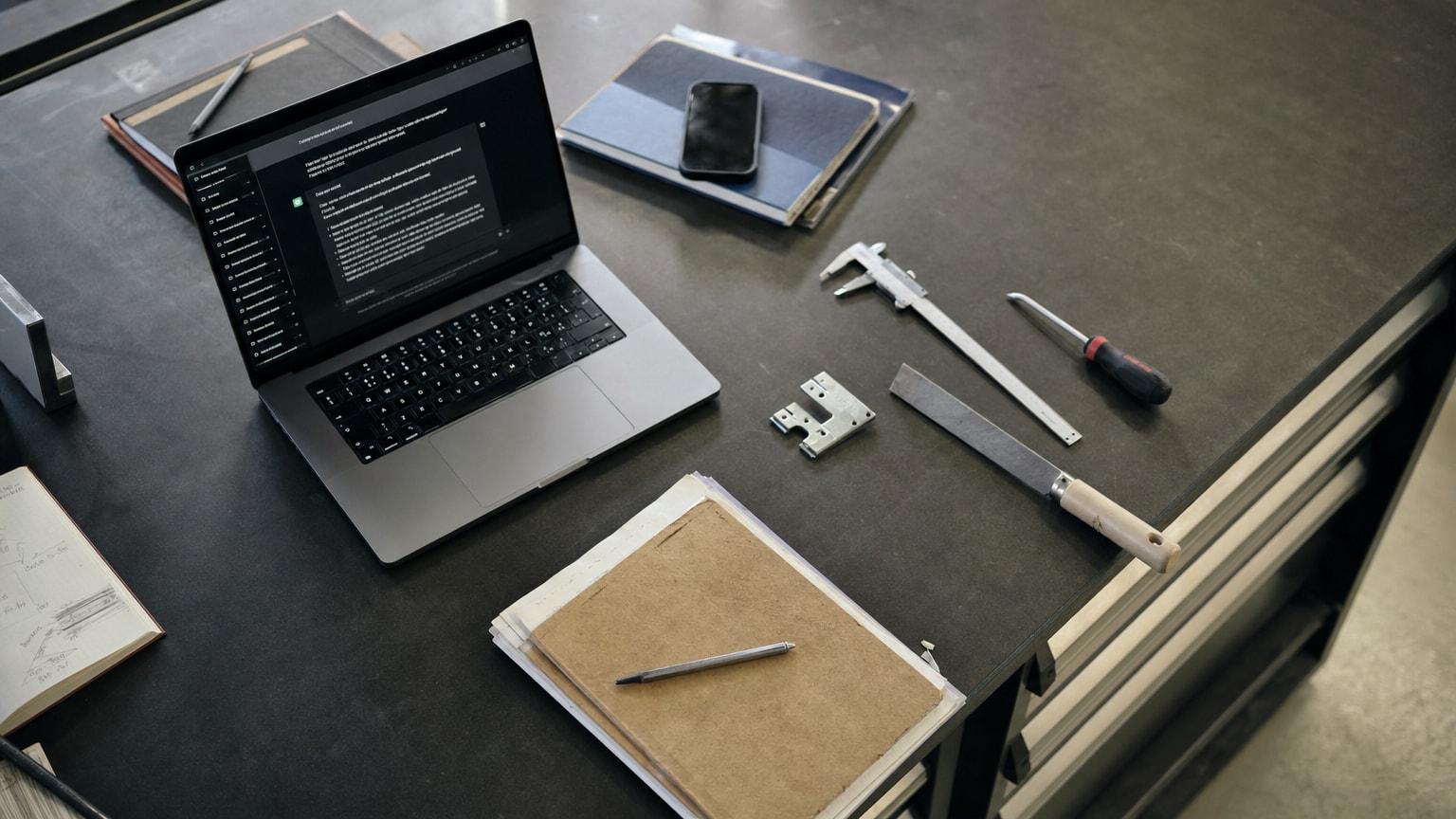 Ein aufgeräumter Schreibtisch in einem Handwerksbetrieb mit Laptop, auf dem ein ChatGPT-Dialog sichtbar ist, daneben Werkzeug und Auftragsmappen – helle, professionelle Atmosphäre