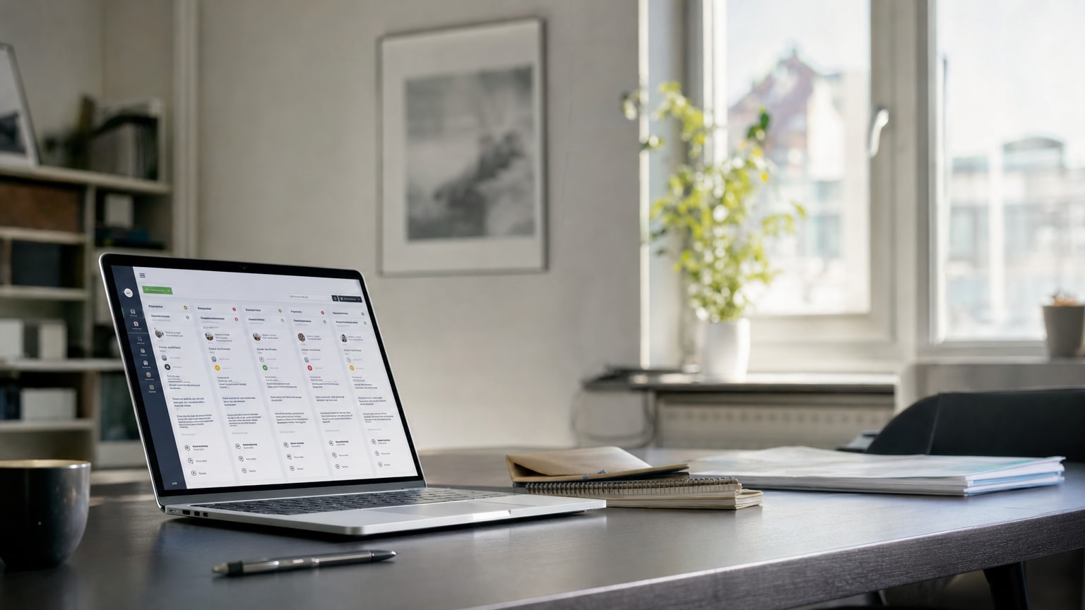 Modernes Büro mit Laptop-Bildschirm, auf dem ein digitales Bewerbermanagement-Dashboard zu sehen ist. Im Hintergrund ein helles, freundliches Büroambiente, das auf österreichische KMU-Größe zugeschnitten ist – kein Großraumbüro, sondern ein kompakter, professioneller Arbeitsplatz.