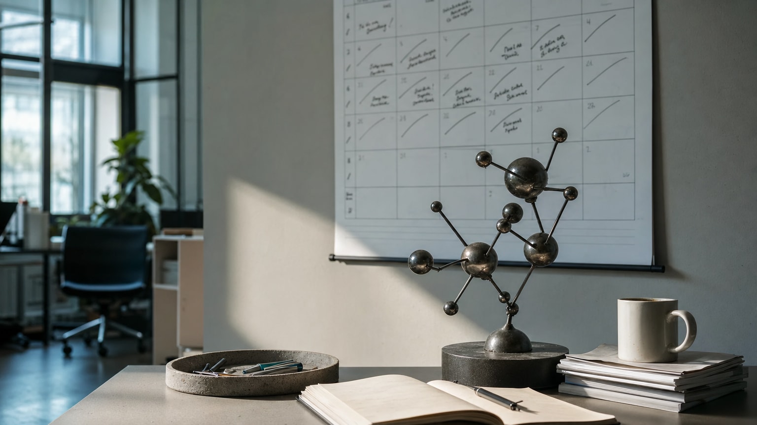 Ein modernes Büro mit einem großen digitalen Dashboard, das Content-Performance-Daten und KI-gestützte Themenvorschläge zeigt. Im Hintergrund ein analoger Wandkalender mit durchgestrichenen Einträgen – Symbol für den Wandel vom statischen Redaktionsplan zur dynamischen Strategie.