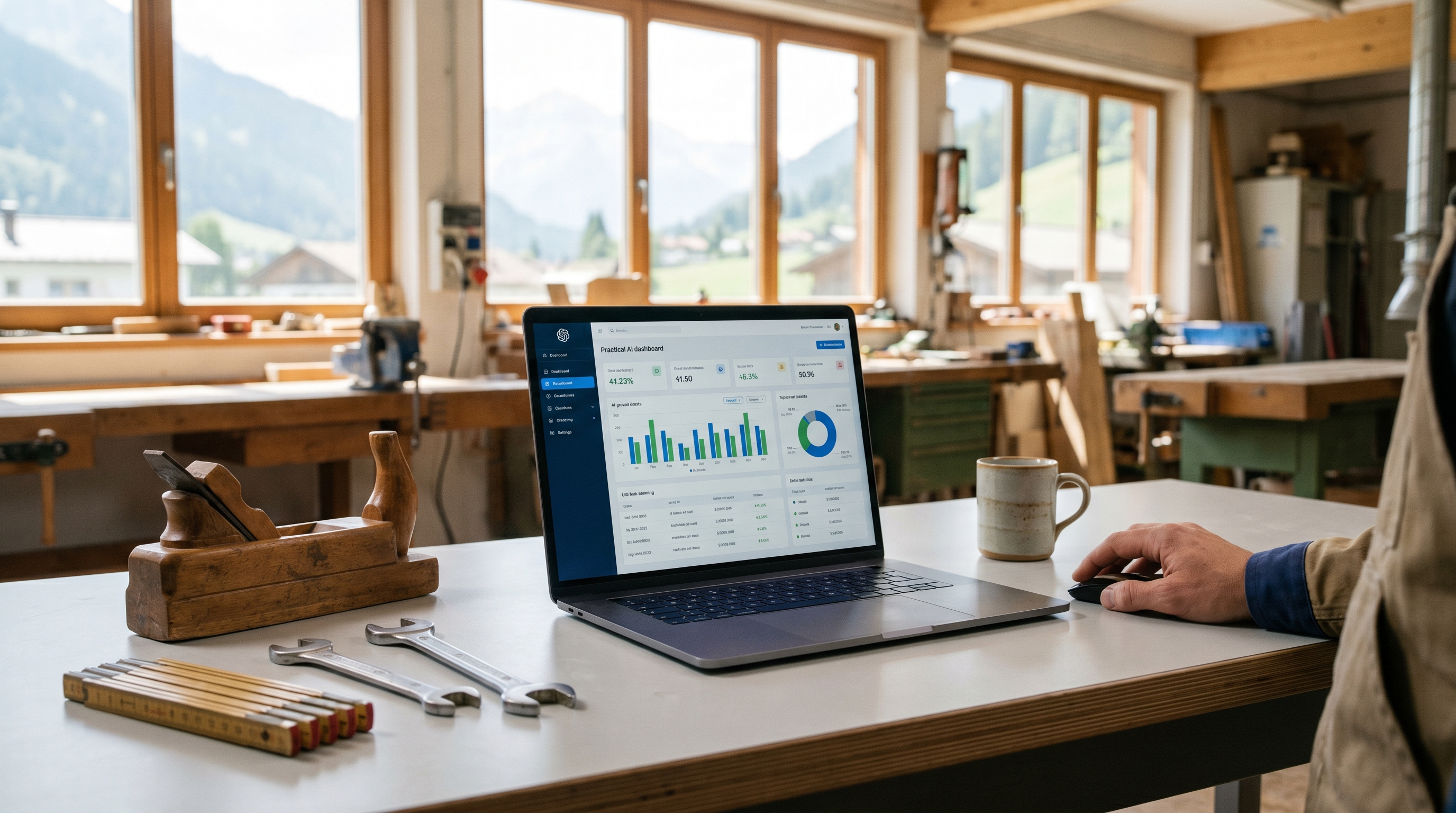 Ein aufgeräumter Schreibtisch eines Handwerksbetriebs mit Laptop, auf dem ein KI-Dashboard zu sehen ist, daneben Werkzeug und eine Tasse Kaffee — moderne Arbeitswelt trifft Tradition.