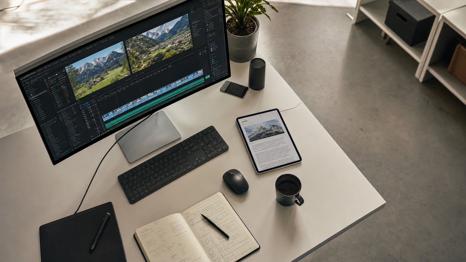 Ein moderner Arbeitsplatz mit Bildschirm, auf dem ein Video-Editor mit KI-Unterstützung läuft. Daneben ein Tablet mit einem Blog-Text. Helle, professionelle Atmosphäre, österreichisches KMU-Büro im Hintergrund.