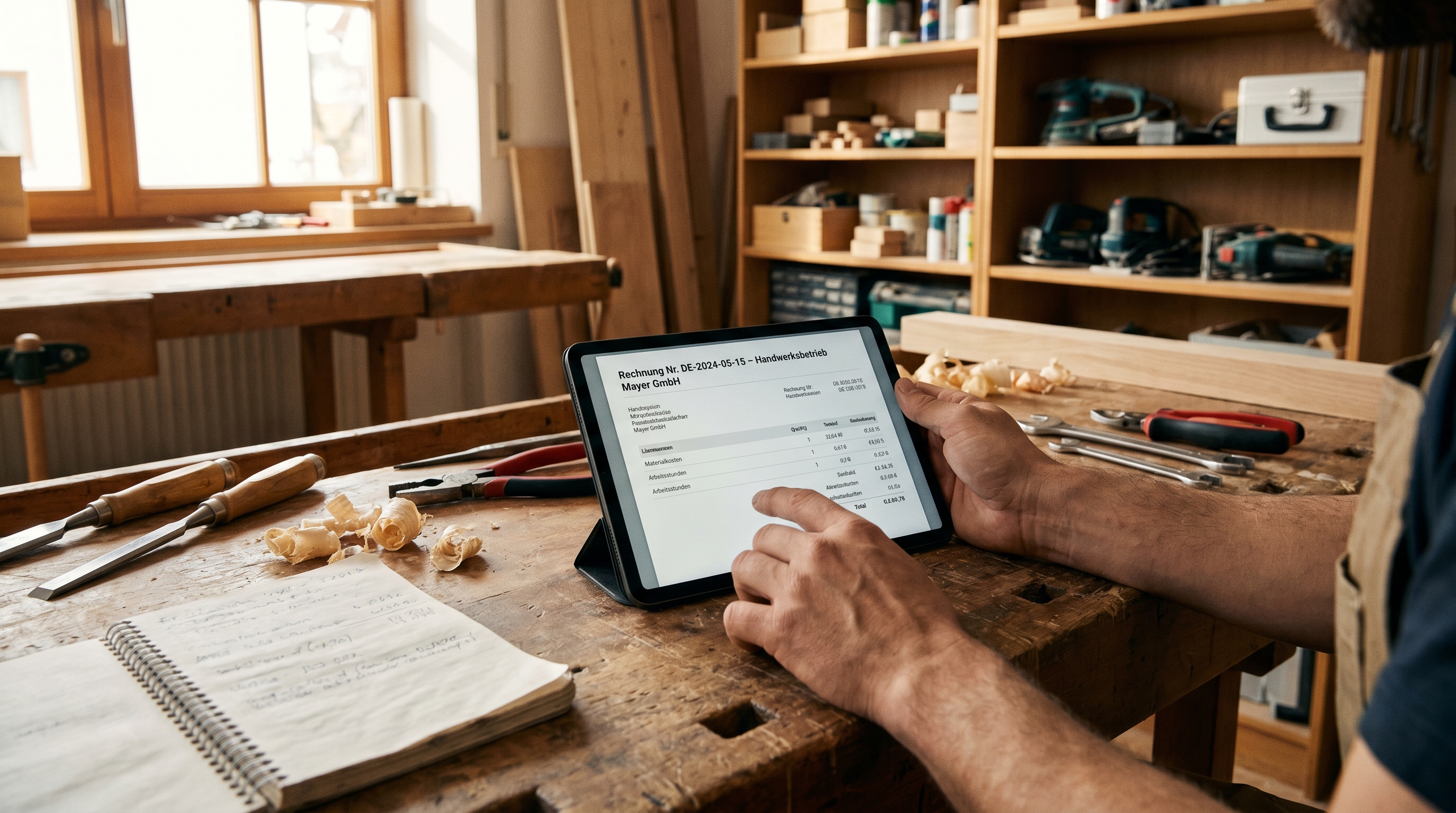 Ein aufgeräumter Schreibtisch in einer Handwerkswerkstatt mit einem Tablet, auf dem eine digital erstellte Rechnung zu sehen ist – im Hintergrund Werkzeuge und ein ordentliches Regal, warmes Licht, moderne Arbeitsatmosphäre.
