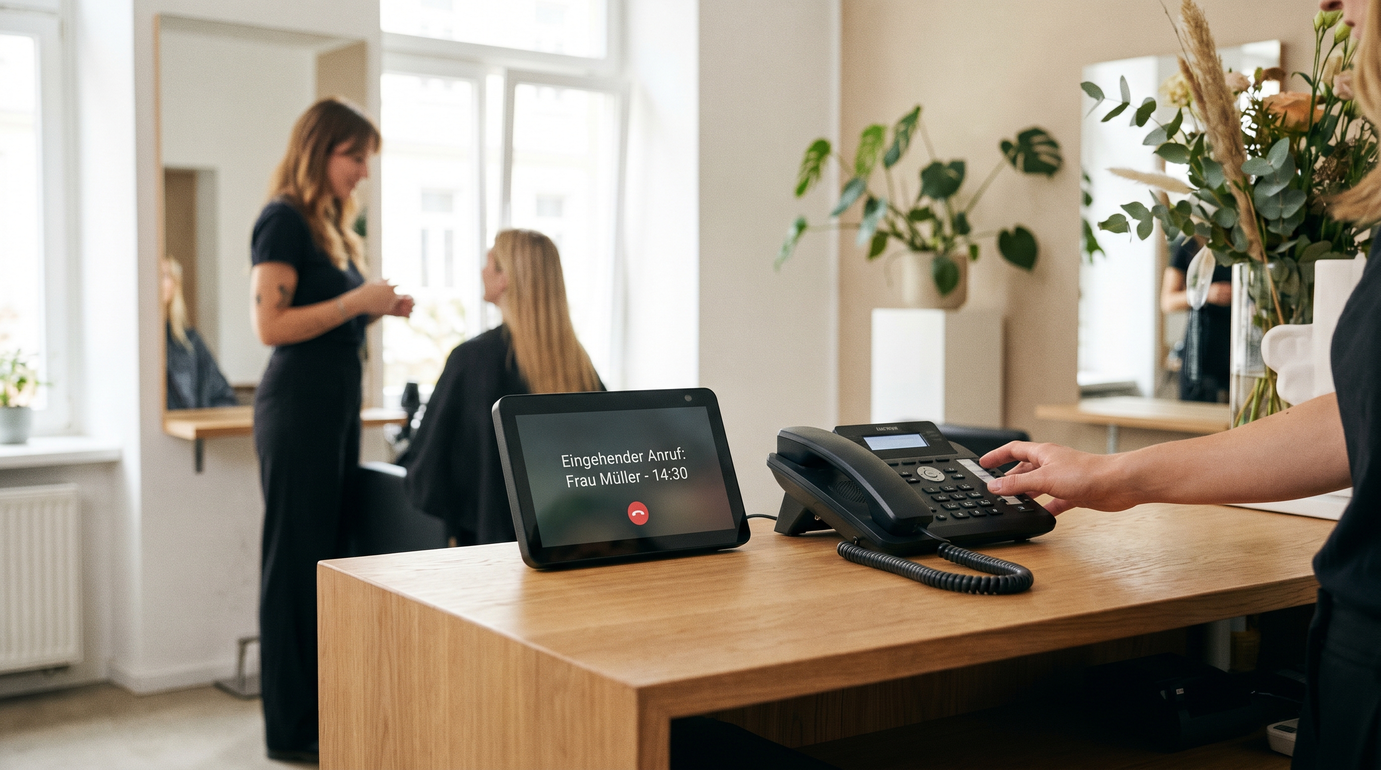 Moderner Friseursalon-Empfangsbereich mit einem dezenten digitalen Display neben dem Telefon, das einen eingehenden Anruf symbolisiert – professionelle, helle Atmosphäre ohne futuristische Übertreibung.