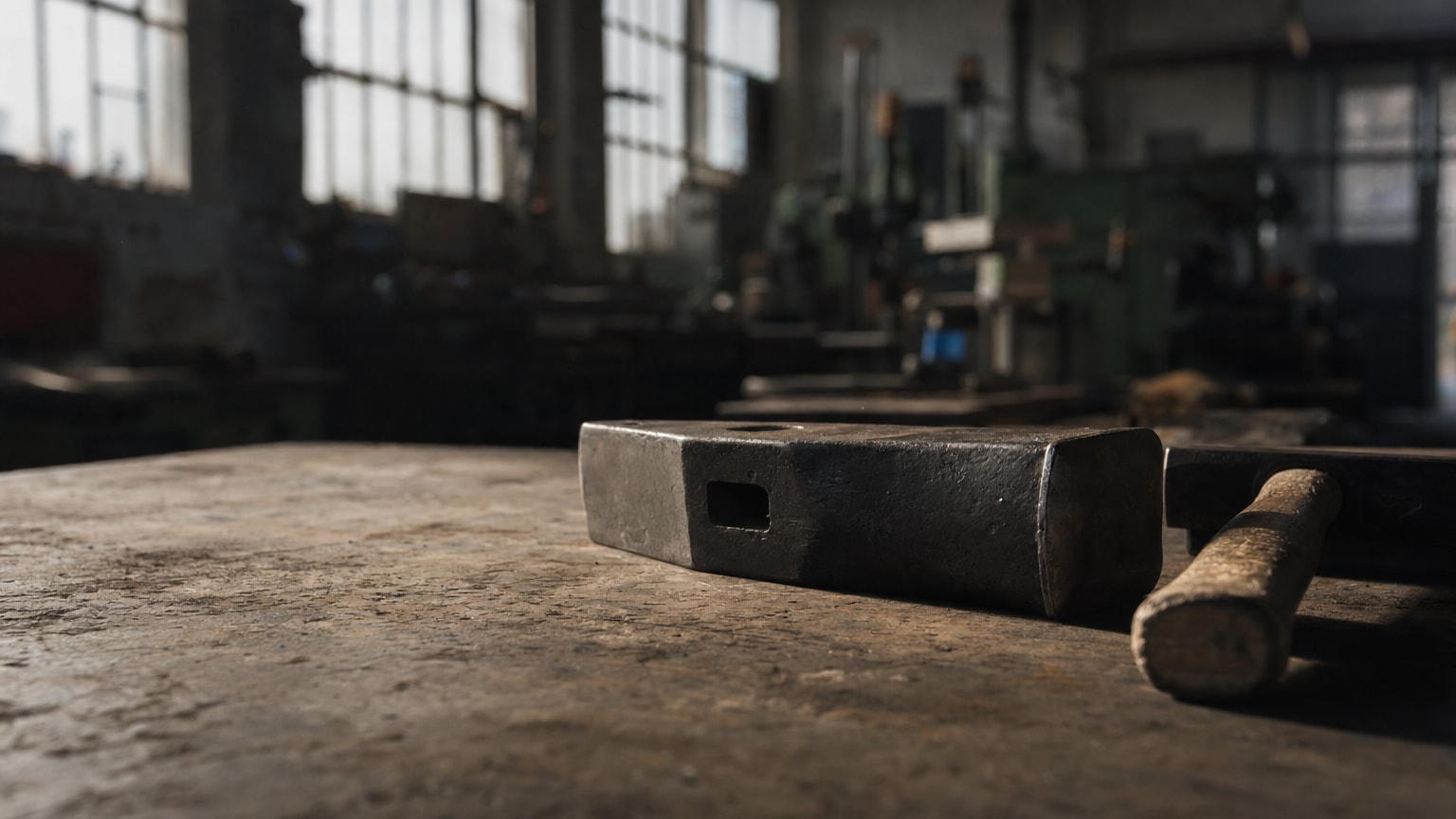 Ein Handwerker in einer modernen Werkstatt arbeitet konzentriert an einem Werkstück, während im Hintergrund ein Tablet mit digitalen Prozessdaten leuchtet — warmes Licht, professionelle Atmosphäre, keine futuristischen Roboter.