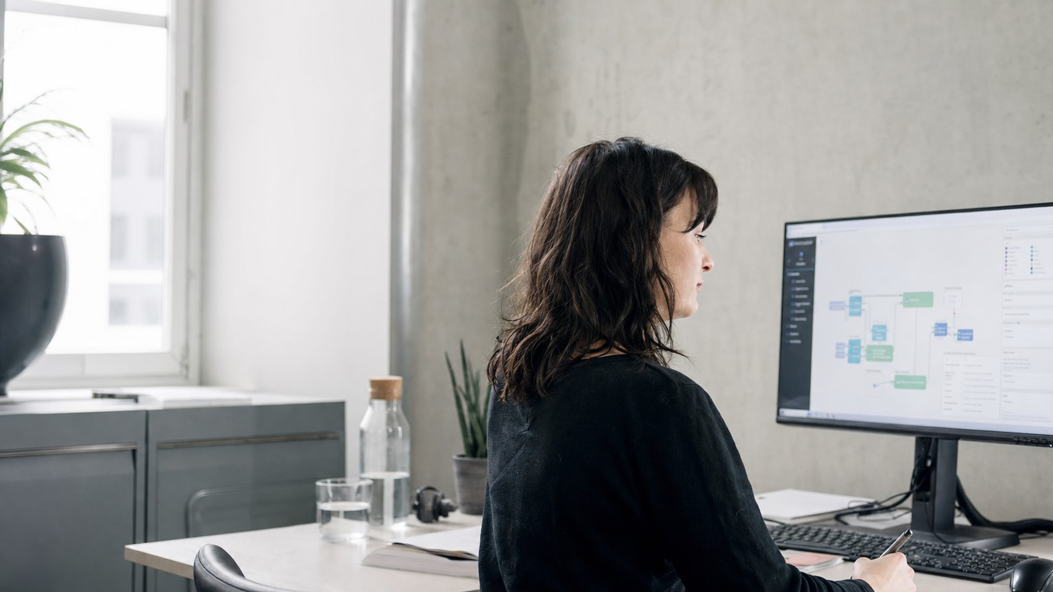 Ein aufgeräumter, moderner Büroarbeitsplatz mit Bildschirm, auf dem automatisierte Workflows als übersichtliche Diagramme dargestellt sind — helle, ruhige Atmosphäre, die Effizienz und Ordnung vermittelt.
