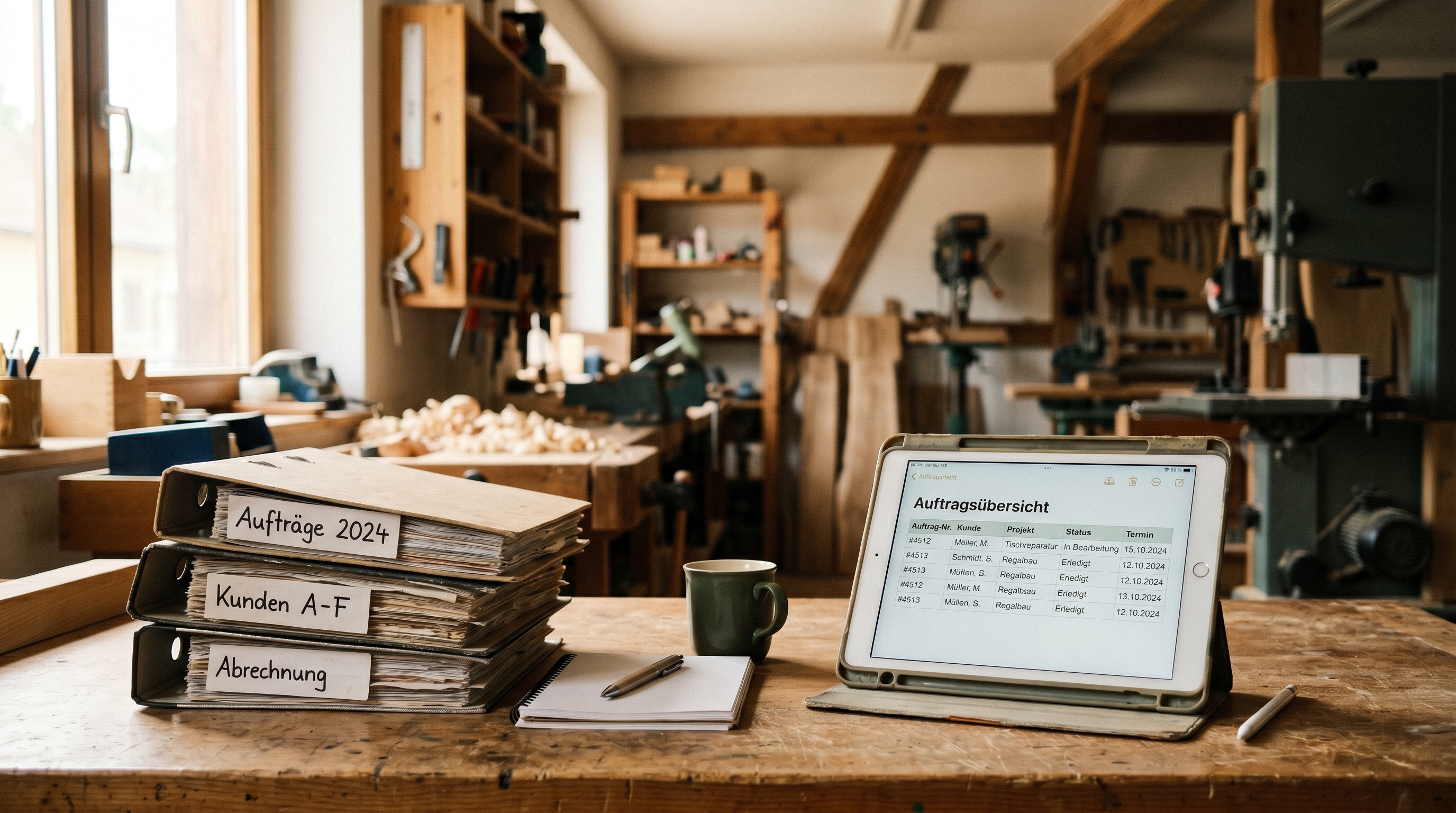 Ein aufgeräumter Schreibtisch in einem kleinen Handwerksbetrieb: Links ein Stapel Papierordner, rechts ein Tablet mit einer übersichtlichen digitalen Auftragsübersicht. Warmes Licht, realistisch, ohne Personen.