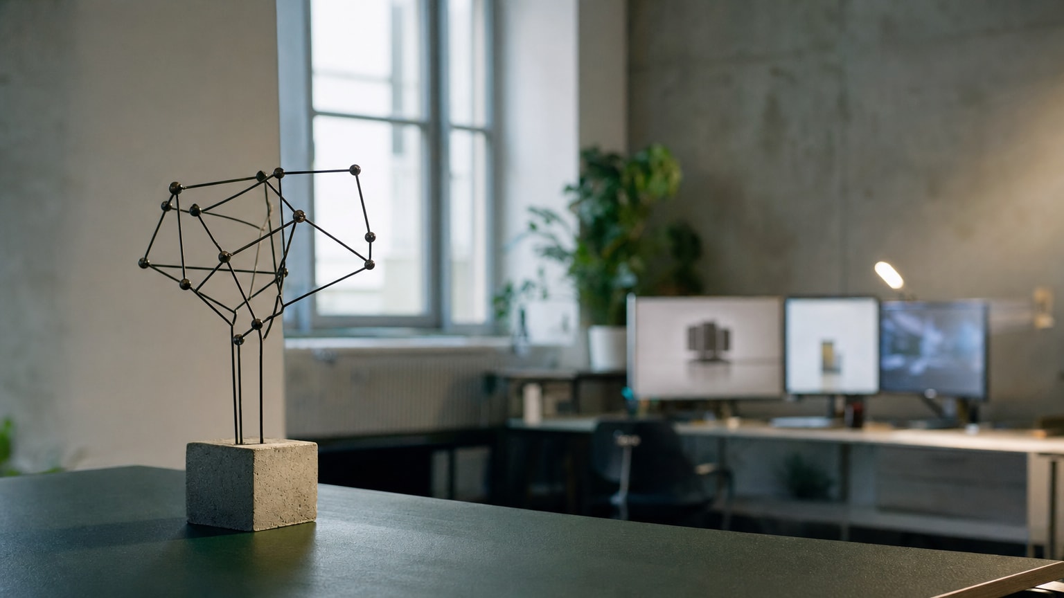 Moderne Büroumgebung eines kleinen Unternehmens mit verschiedenen digitalen Werkzeugen und KI-Anwendungen auf mehreren Bildschirmen — abstrakt dargestellt, helle und offene Atmosphäre, keine Personen im Vordergrund.
