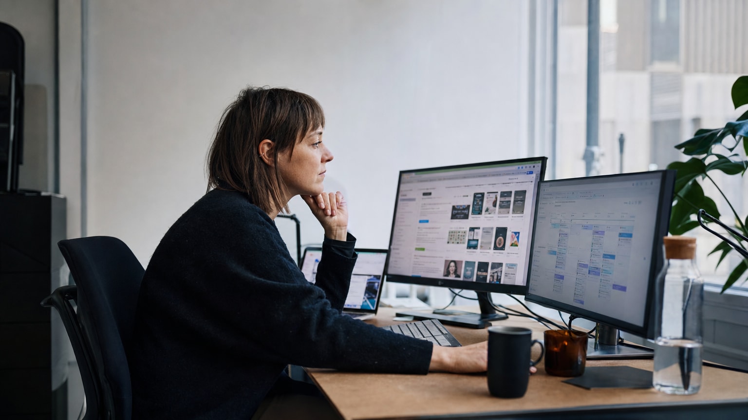 Eine professionelle Arbeitsszene: Eine Person sitzt an einem modernen Schreibtisch mit mehreren Bildschirmen, auf denen Content-Dashboards, KI-Analyse-Tools und Redaktionspläne zu sehen sind. Die Atmosphäre ist konzentriert, hell und zukunftsgewandt — keine dystopische Roboter-Ästhetik, sondern Mensch und Technologie in produktiver Zusammenarbeit.