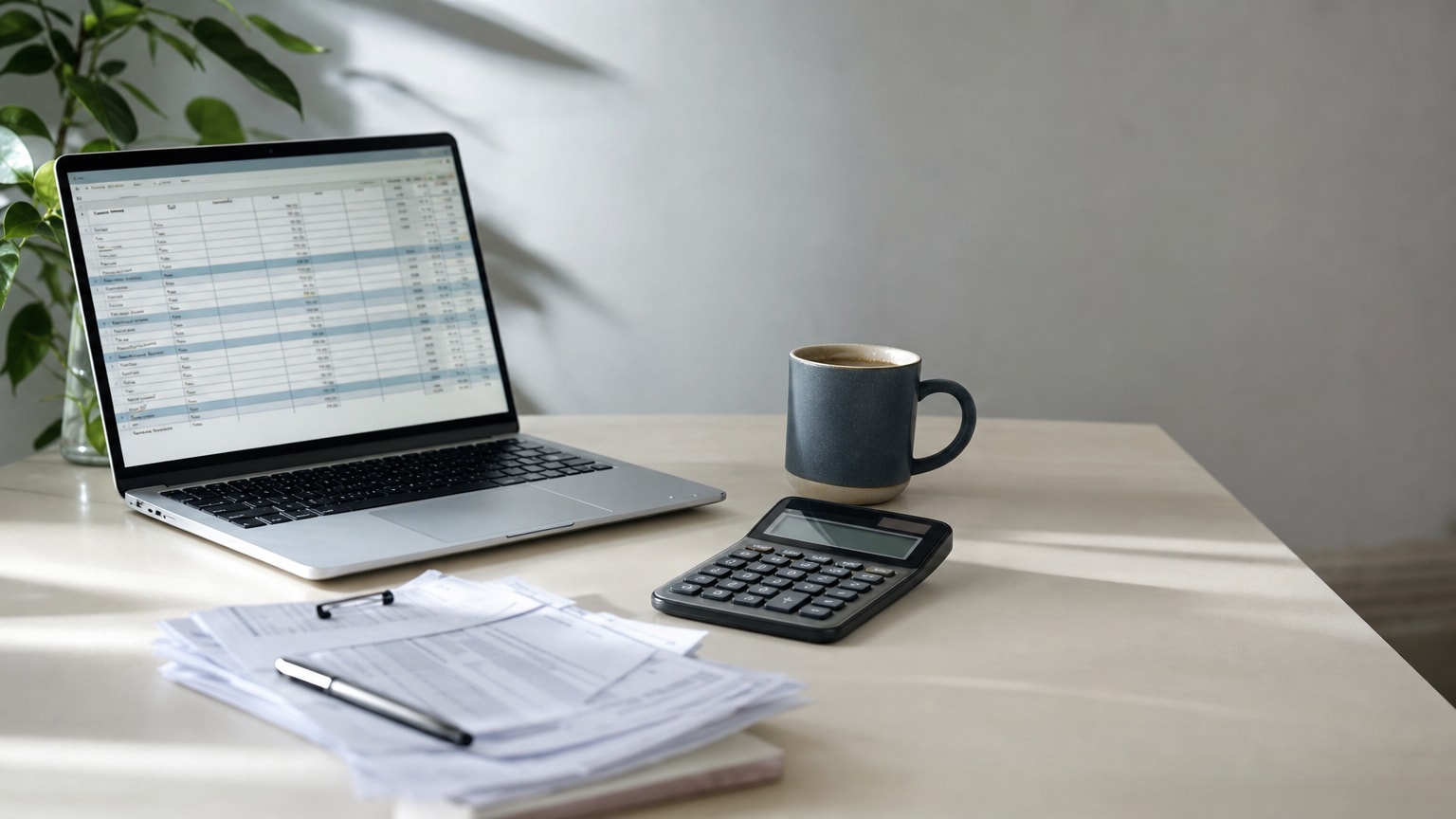Ein aufgeräumter Schreibtisch mit einem Laptop, auf dem eine übersichtliche Kostenaufstellung zu sehen ist, daneben ein Taschenrechner und eine Tasse Kaffee – sachlich, hell, vertrauenswürdig.