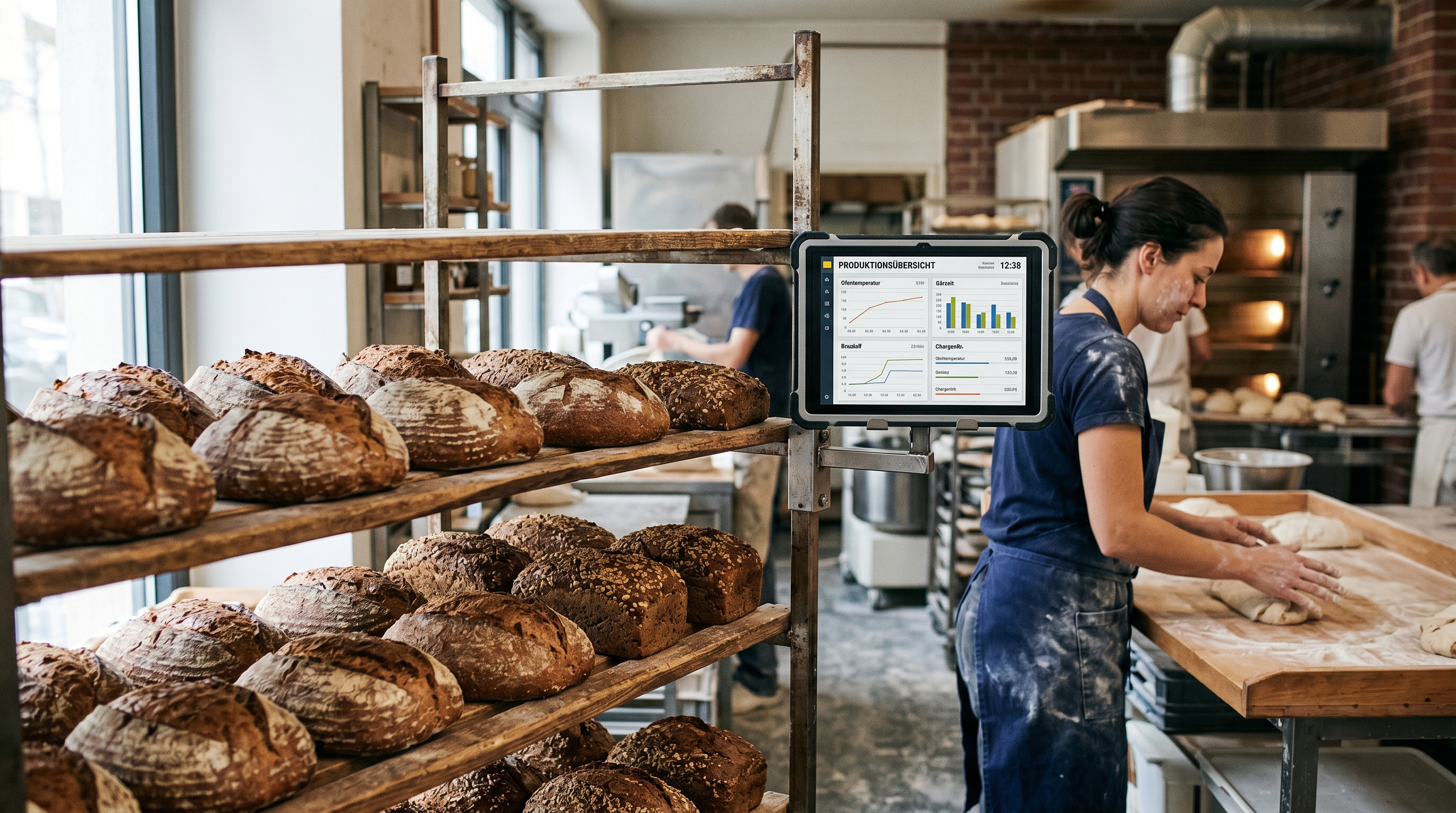 Eine moderne Backstube mit frischen Broten auf Holzregalen, im Hintergrund ein Tablet oder digitaler Bildschirm mit Produktionsdaten und Diagrammen – Verbindung von Tradition und Technologie.