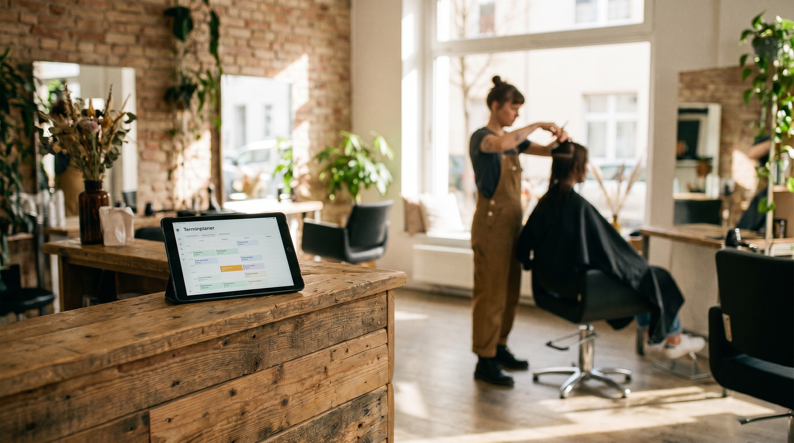 Ein moderner, heller Friseursalon mit einem Tablet an der Rezeption, im Hintergrund arbeitet eine Friseurin – symbolisch für Digitalisierung im Handwerk. Warme Farben, professionelle Atmosphäre.