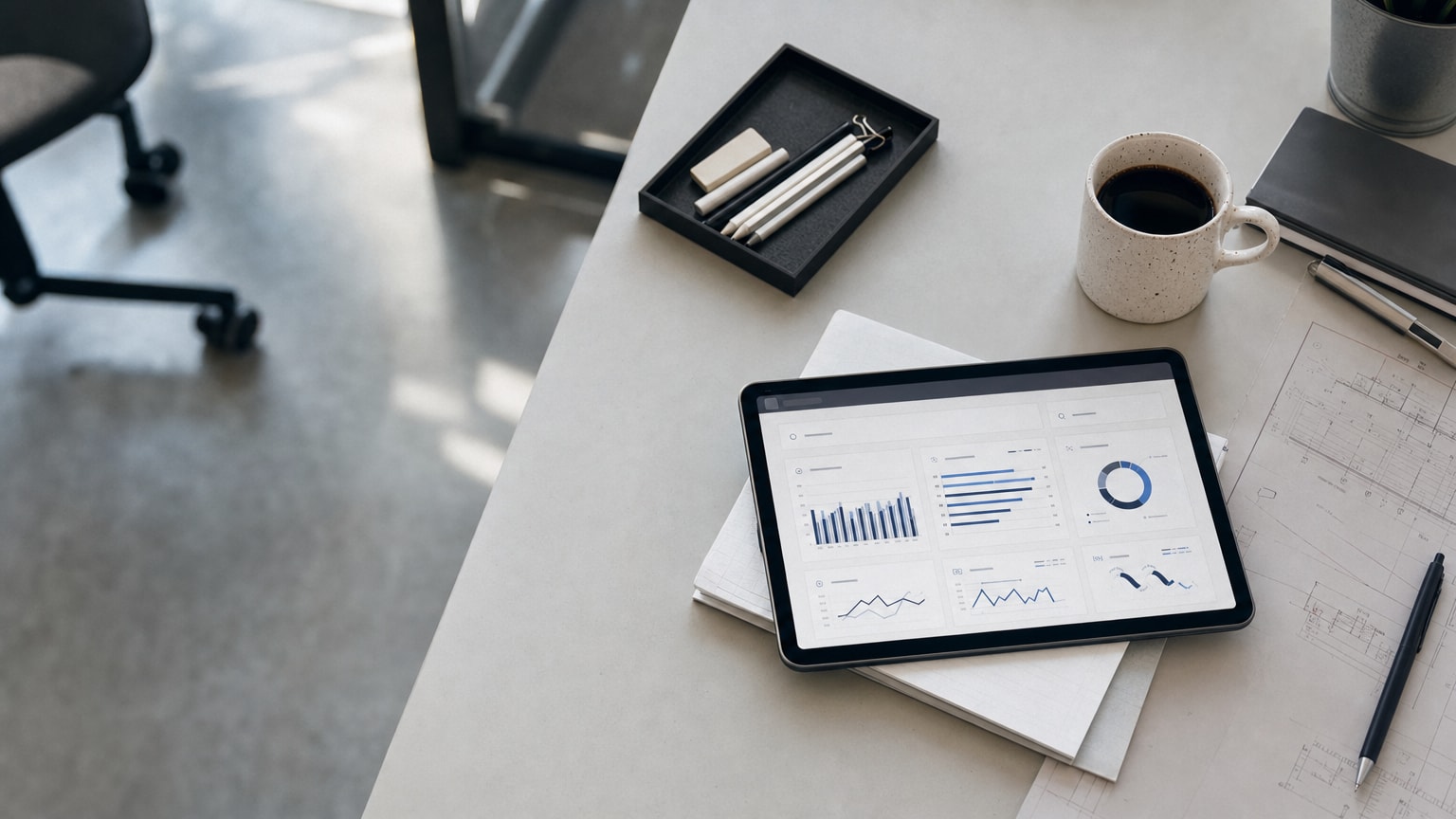 Ein aufgeräumter Schreibtisch mit einem Tablet, das ein Dashboard mit Graphen und KPIs anzeigt. Im Hintergrund unscharf ein modernes, helles Büro eines KMU, das Professionalität und Effizienz ausstrahlt.