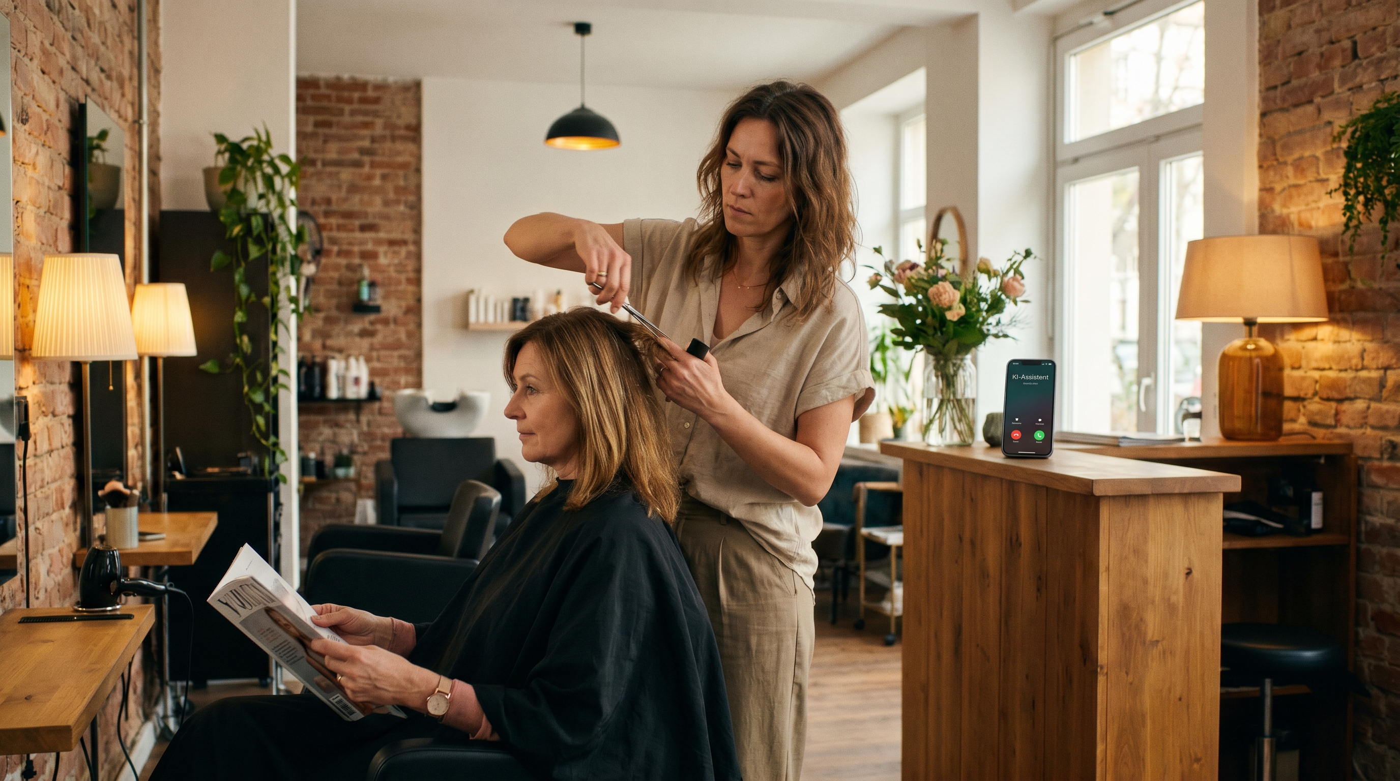 Ein moderner Friseursalon mit warmem Licht, in dem eine Friseurin konzentriert eine Kundin bedient, während im Hintergrund ein Smartphone auf dem Tresen dezent einen eingehenden Anruf anzeigt – symbolisch für die automatisierte Terminannahme durch KI.