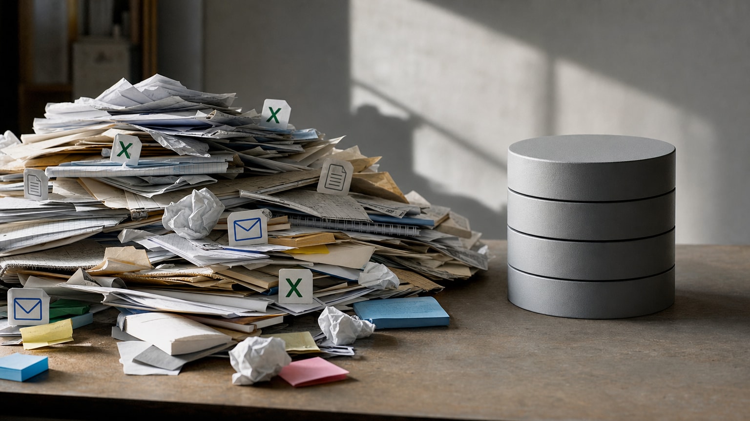 Eine schematische Darstellung, die das Chaos von vielen verstreuten Dokumenten (Zettel, E-Mails, Excel-Icons) in eine einzige, geordnete zentrale Datenbank überführt. Auf der linken Seite das Chaos, auf der rechten Seite die klare, strukturierte 'Single Source of Truth'.