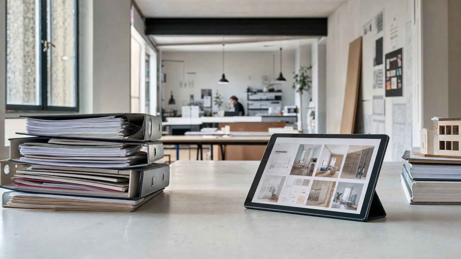 Ein aufgeräumter Schreibtisch in einem kleinen Handwerksbetrieb: Links ein Stapel Papierordner, rechts ein Tablet mit einer übersichtlichen digitalen Wissensdatenbank – symbolischer Übergang von analog zu digital.