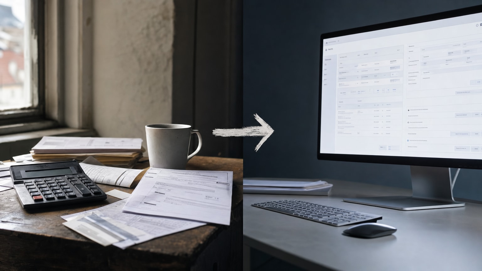 Geteiltes Bild: Links ein Schreibtisch mit Taschenrechner, Papierangeboten und Kaffeetasse, rechts ein moderner Bildschirm mit einer automatisierten Angebotssoftware — verbunden durch einen Pfeil in der Mitte.