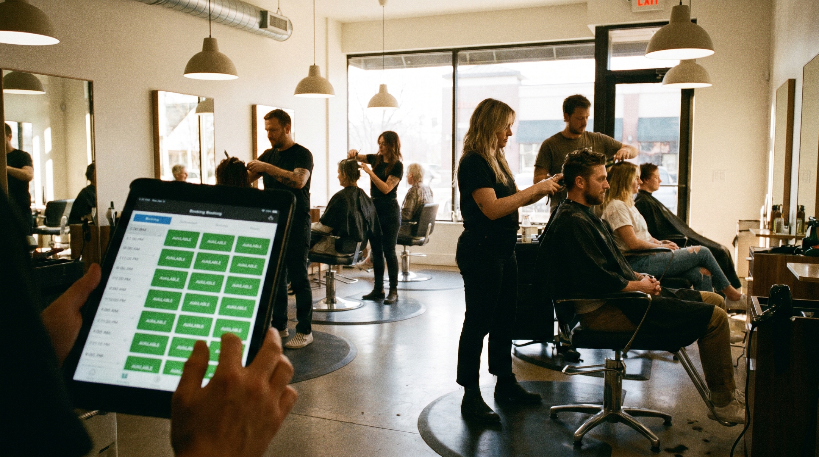Ein moderner Friseursalon mit besetzten Stühlen, auf einem Tablet im Vordergrund ist ein digitales Buchungssystem mit grün markierten Zeitslots sichtbar, warme Beleuchtung, professionelle Atmosphäre.