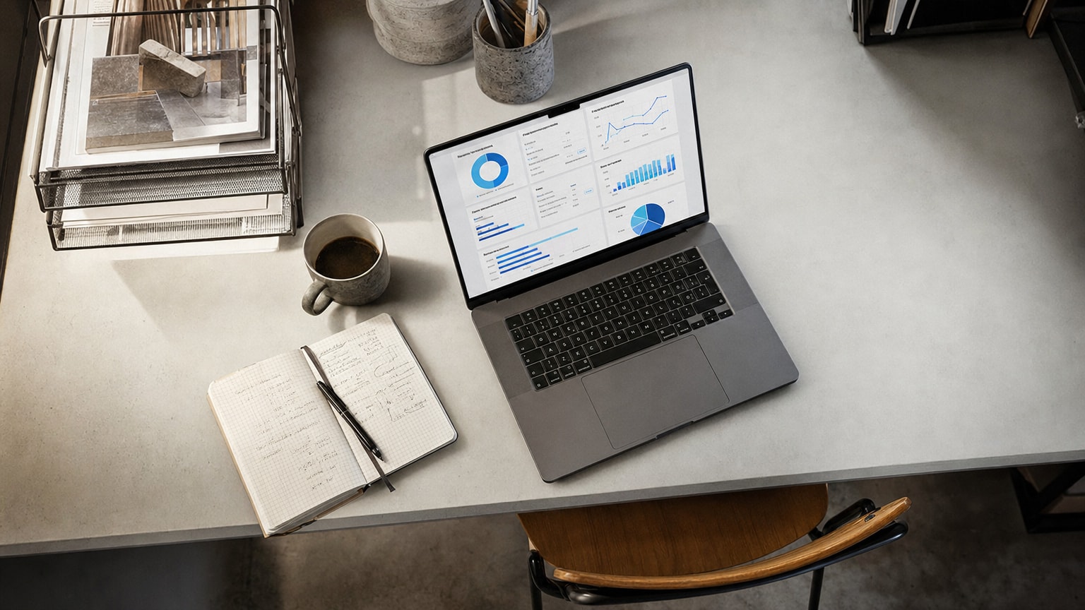Ein aufgeräumter Schreibtisch mit einem Laptop, auf dessen Bildschirm ein übersichtliches Dashboard mit Marketing-Kennzahlen zu sehen ist. Daneben eine Kaffeetasse und ein Notizbuch. Warmes, natürliches Licht, professionelle aber bodenständige Atmosphäre – passend zu einem KMU-Büro in Österreich.