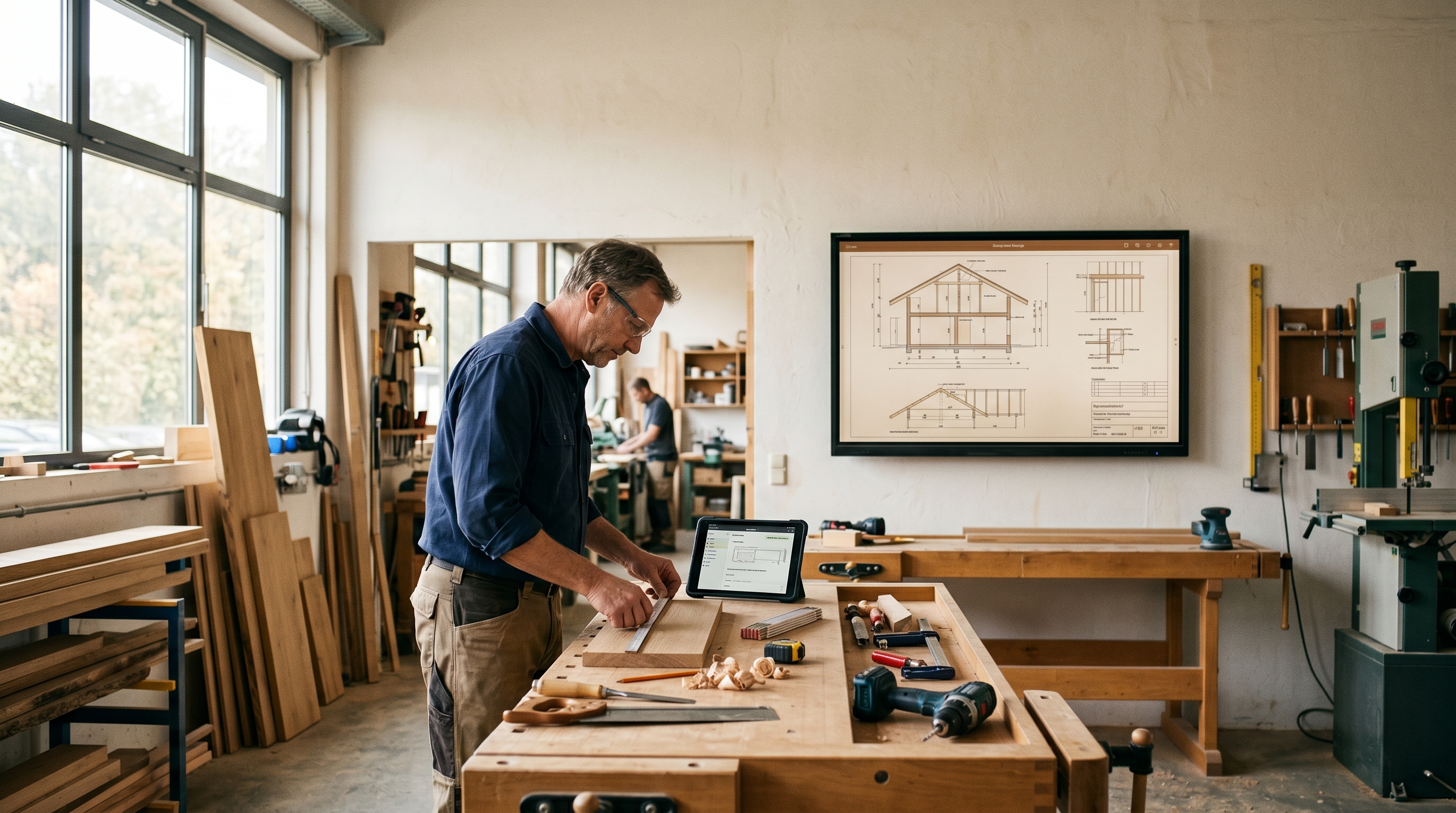 Ein heller, moderner Handwerksbetrieb am Morgen — Werkstatt mit digitalem Planungsbildschirm, Werkzeug und einem Tablet auf der Werkbank. Warmes Licht, professionelle Atmosphäre, keine futuristischen Übertreibungen.