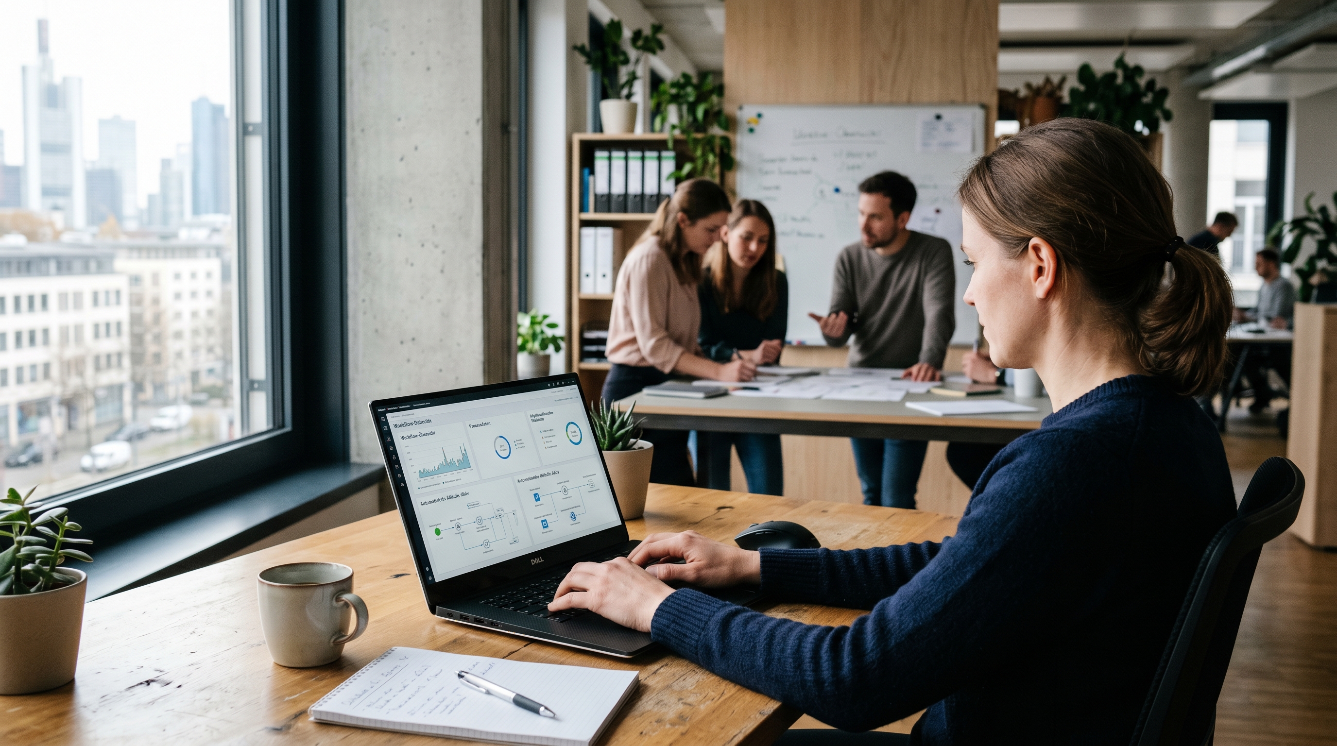 Modernes Büro mit aufgeräumtem Schreibtisch, auf dem ein Laptop mit Dashboard-Visualisierung steht. Im Hintergrund arbeitet ein kleines Team konzentriert an kreativen Aufgaben, während auf dem Bildschirm automatisierte Workflows sichtbar sind.