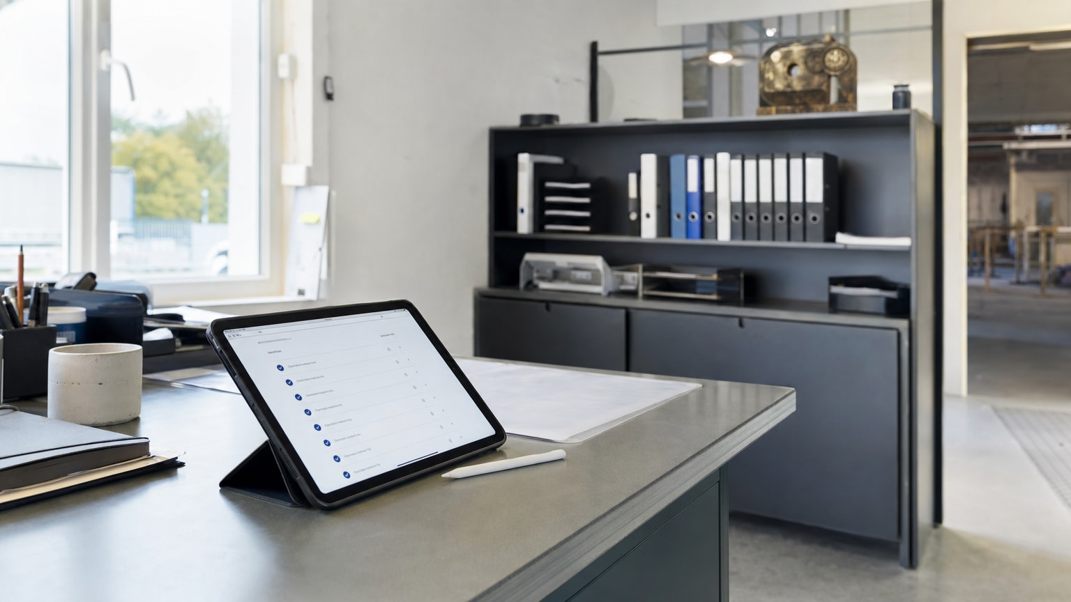 Ein aufgeräumter, moderner Schreibtisch in einem Handwerksbetrieb: Tablet mit digitaler Checkliste im Vordergrund, im Hintergrund ein Regal mit wenigen, ordentlich sortierten Ordnern – symbolisiert den Übergang von Papier zu digitalen Prozessen.
