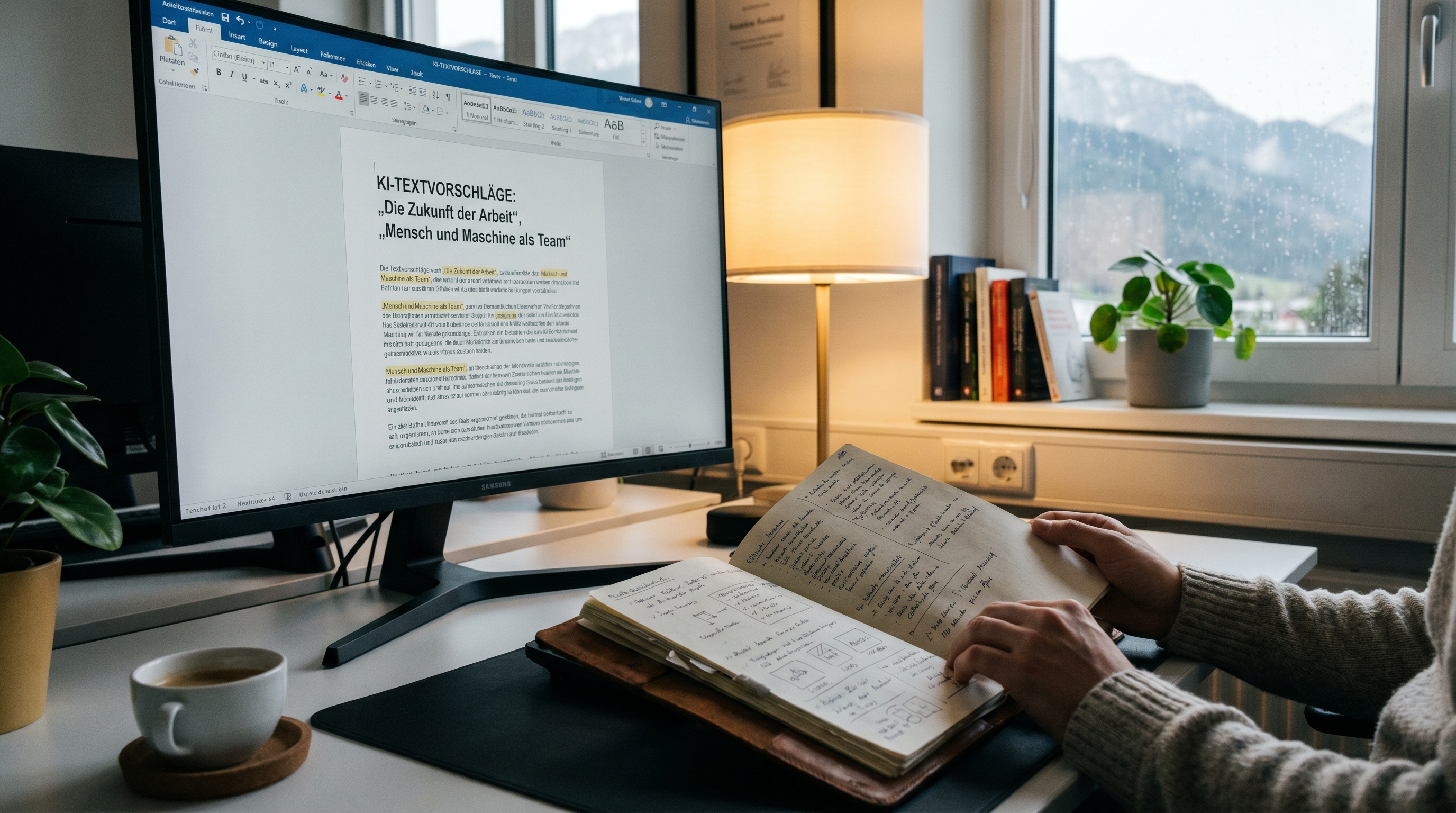 Ein aufgeräumter, moderner Arbeitsplatz: Auf einem Bildschirm laufen KI-generierte Textvorschläge, daneben liegt ein handgeschriebenes Notizbuch mit Skizzen und Ideen. Warmes Licht, professionelle Atmosphäre, symbolisch für das Zusammenspiel von Mensch und Technologie.