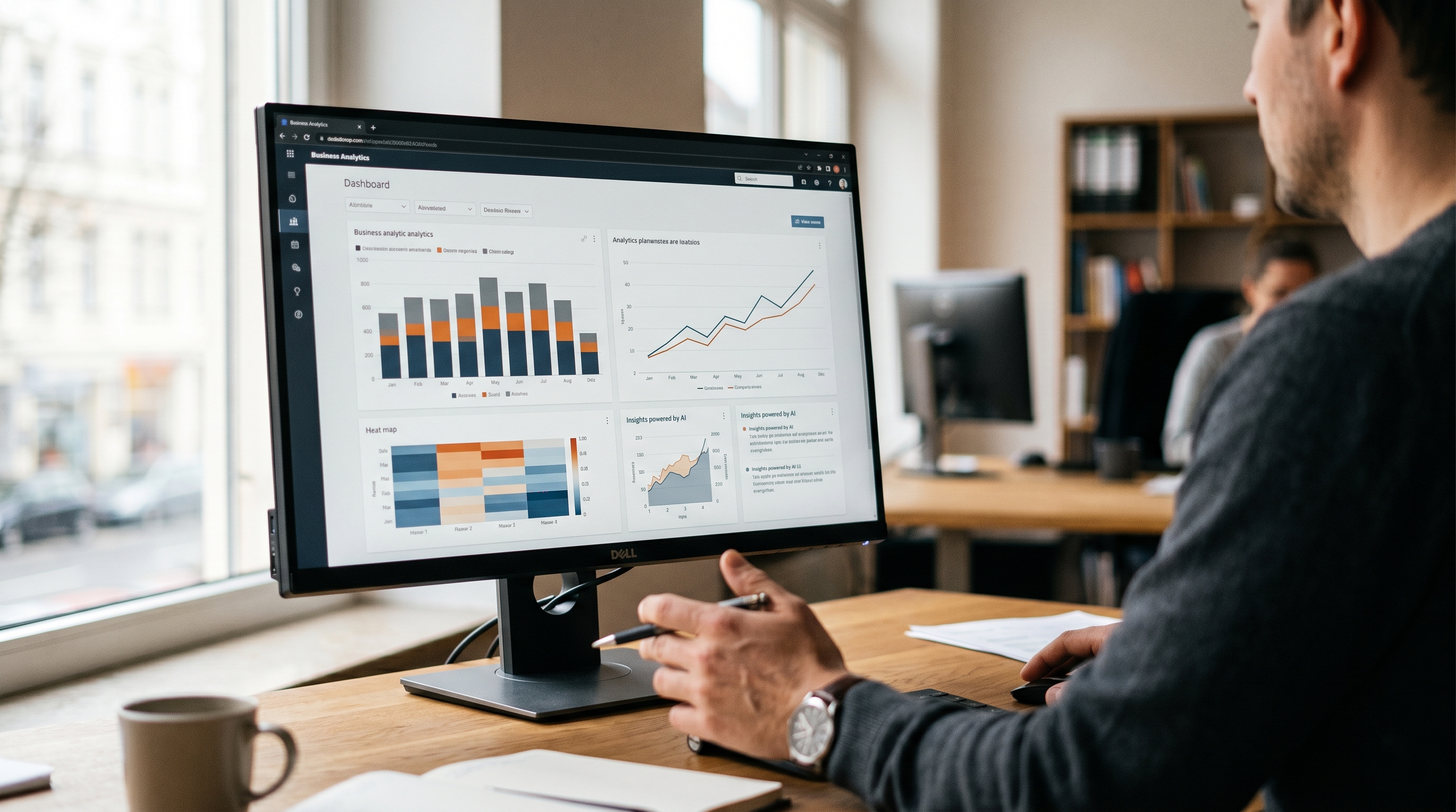 Abstrakte Darstellung eines Dashboards mit Datenvisualisierungen, Diagrammen und KI-generierten Insights auf einem modernen Bildschirm in einem hellen Büro, warme Farbtöne, professionelle Atmosphäre.