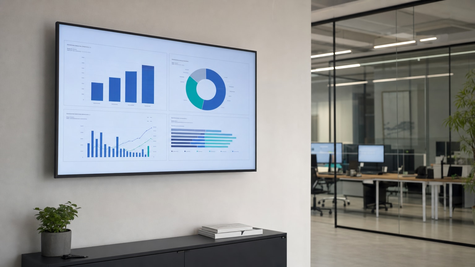 Ein modern visualisiertes Dashboard auf einem Bildschirm, das Geschäftskennzahlen wie Balken- und Kuchendiagramme anzeigt. Der Stil ist klar, minimalistisch und professionell, mit einem Fokus auf Daten und Analyse.