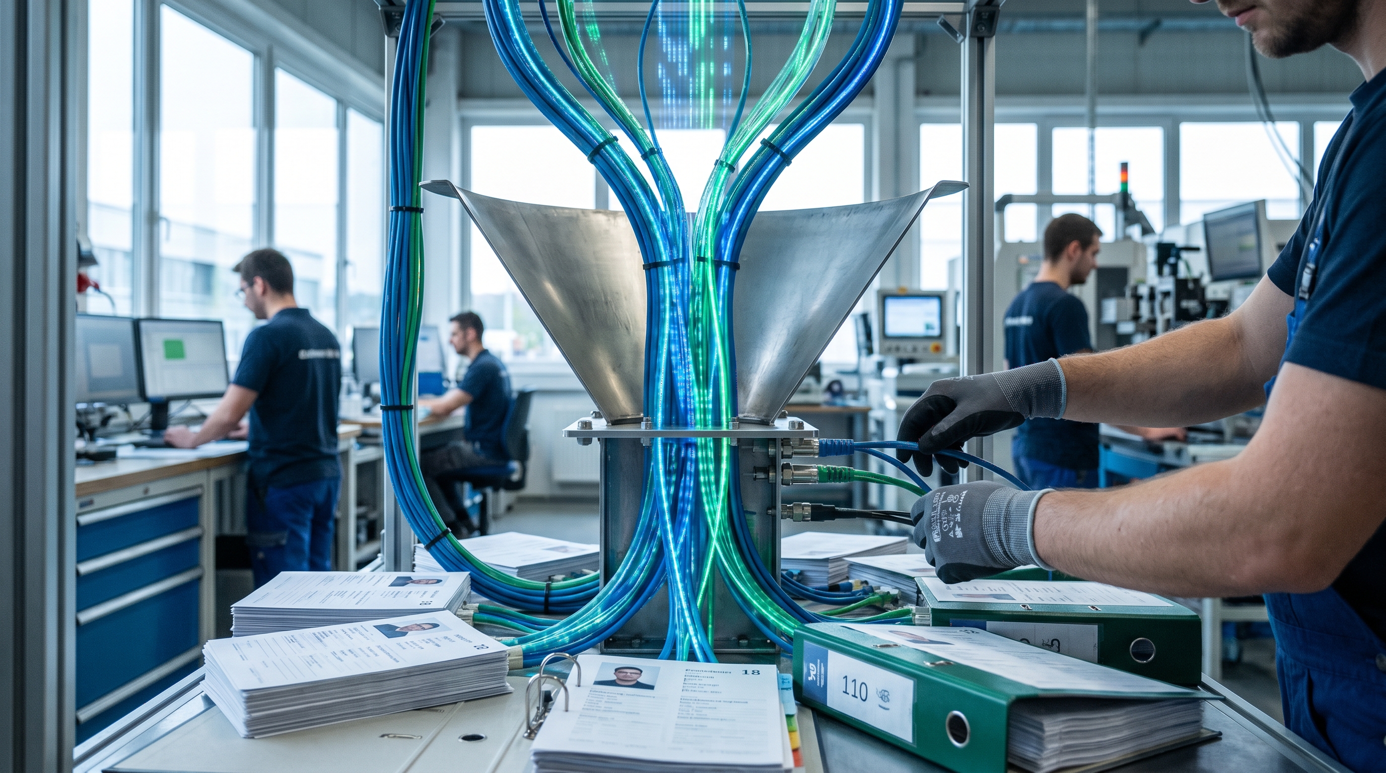 Abstraktes, modernes Bild eines digitalen Vertriebsprozesses: Datenströme fließen in einen Trichter, aus dem qualifizierte Kontakte hervorgehen – in kühlen Blau- und Grüntönen, professionell und technisch.