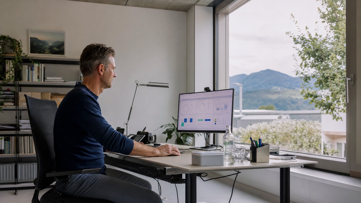 Modernes Büro eines kleinen österreichischen Unternehmens, in dem ein Geschäftsführer an einem aufgeräumten Schreibtisch sitzt, während auf dem Bildschirm ein automatisiertes Dashboard läuft – helle, optimistische Atmosphäre, keine futuristischen Roboter.