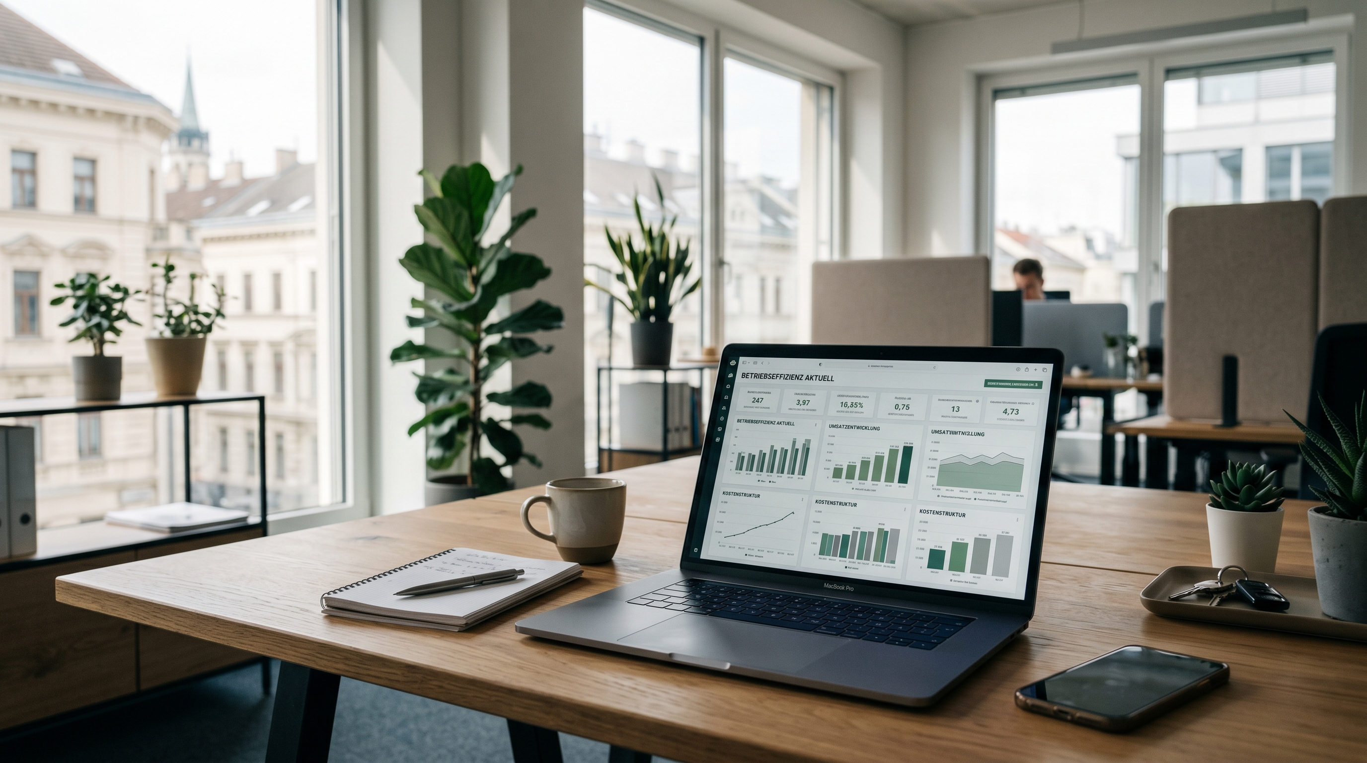 Ein aufgeräumter Schreibtisch mit einem geöffneten Laptop, auf dessen Bildschirm ein Dashboard mit Kennzahlen und Diagrammen zu sehen ist. Im Hintergrund ein helles österreichisches Büro mit Pflanzen und modernem Mobiliar – symbolisiert den analytischen Blick auf die eigene Betriebseffizienz.