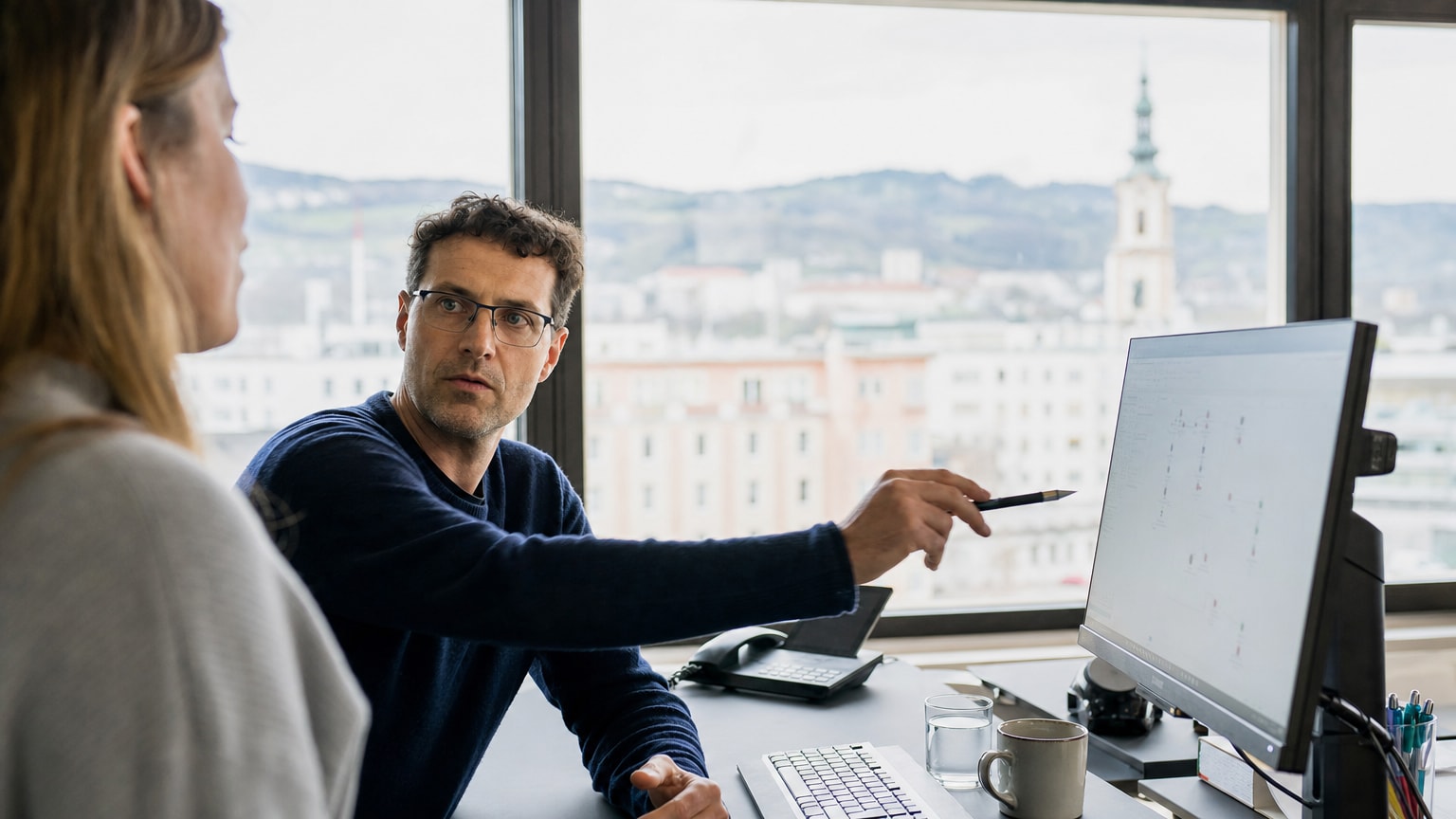 Ein kleiner Betrieb – etwa eine Tischlerei oder ein Architekturbüro – mit einem einzigen Bildschirm, auf dem ein übersichtliches Marketing-Dashboard leuchtet. Keine große Abteilung, nur eine Person, die konzentriert arbeitet. Helle, moderne Atmosphäre, österreichische Stadtlandschaft im Hintergrund.