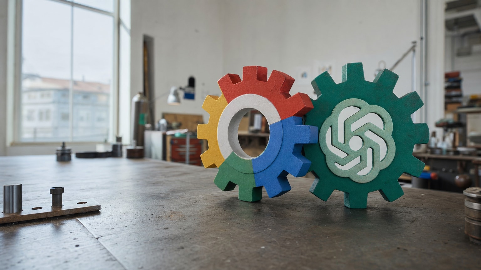 Abstraktes Bild zweier verzahnter Zahnräder – eines in Google-Farben, eines in OpenAI-Grün – die sich auf einem Werkstatt-Tisch mit digitalen Elementen drehen, symbolisch für die Wahl zwischen zwei KI-Plattformen im Unternehmenskontext.
