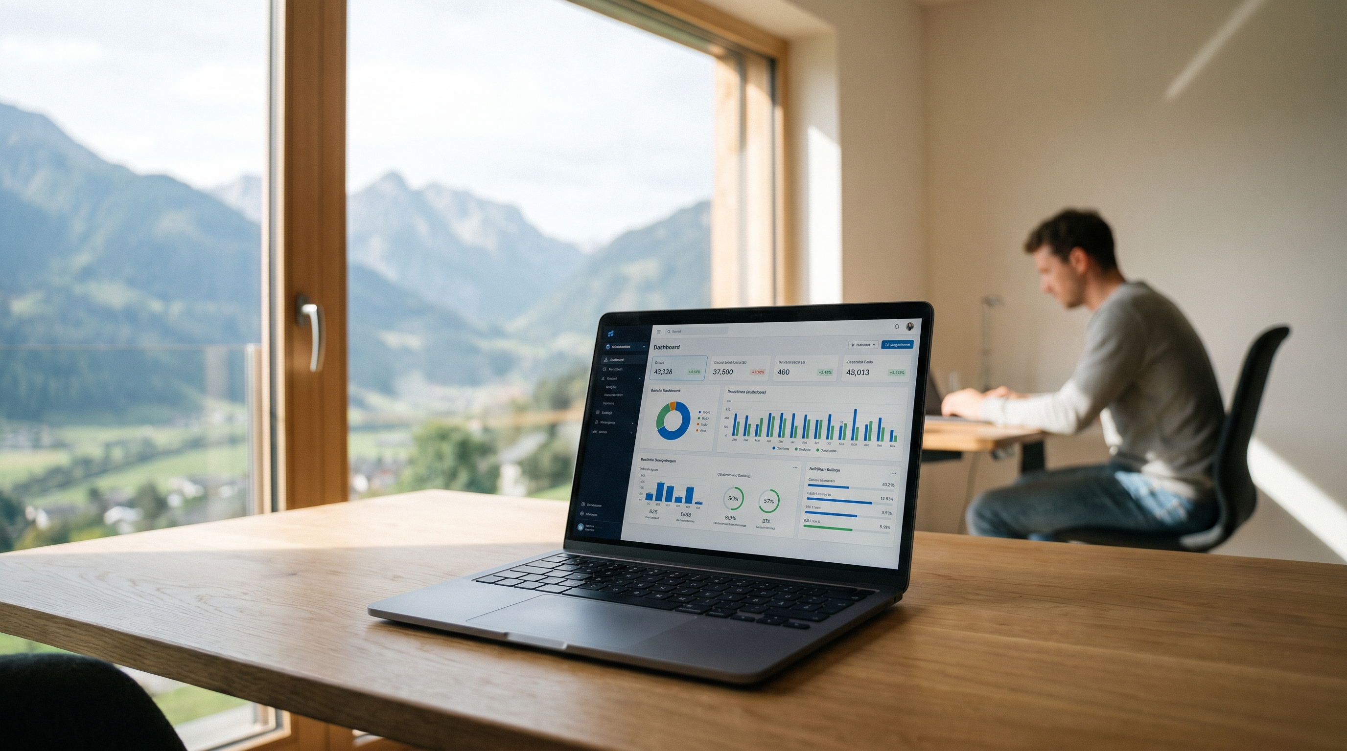 Moderne, helle Büroumgebung eines österreichischen Kleinunternehmens mit einem Laptop-Bildschirm, auf dem KI-gestützte Dashboards und Analysen sichtbar sind. Im Hintergrund eine Alpenlandschaft durch das Fenster, die den österreichischen Kontext unterstreicht.