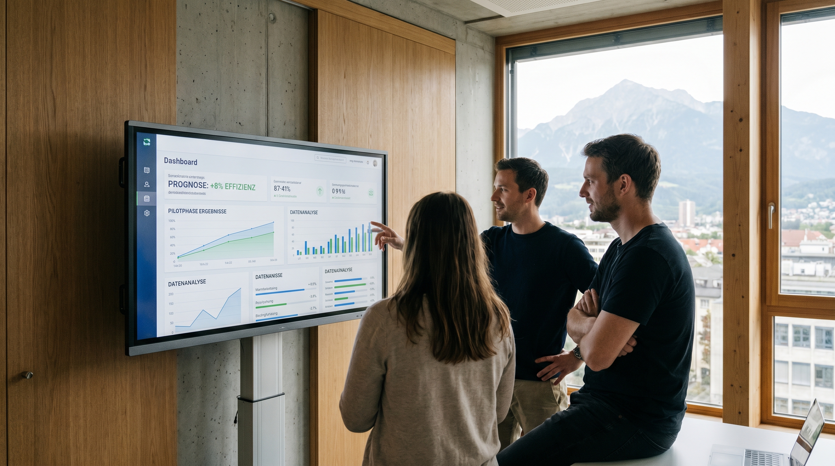 Ein kleines Team in einem modernen österreichischen Büro betrachtet gemeinsam ein Dashboard auf einem Bildschirm, das erste Ergebnisse eines KI-Pilotprojekts zeigt — konzentriert, optimistisch, pragmatisch.