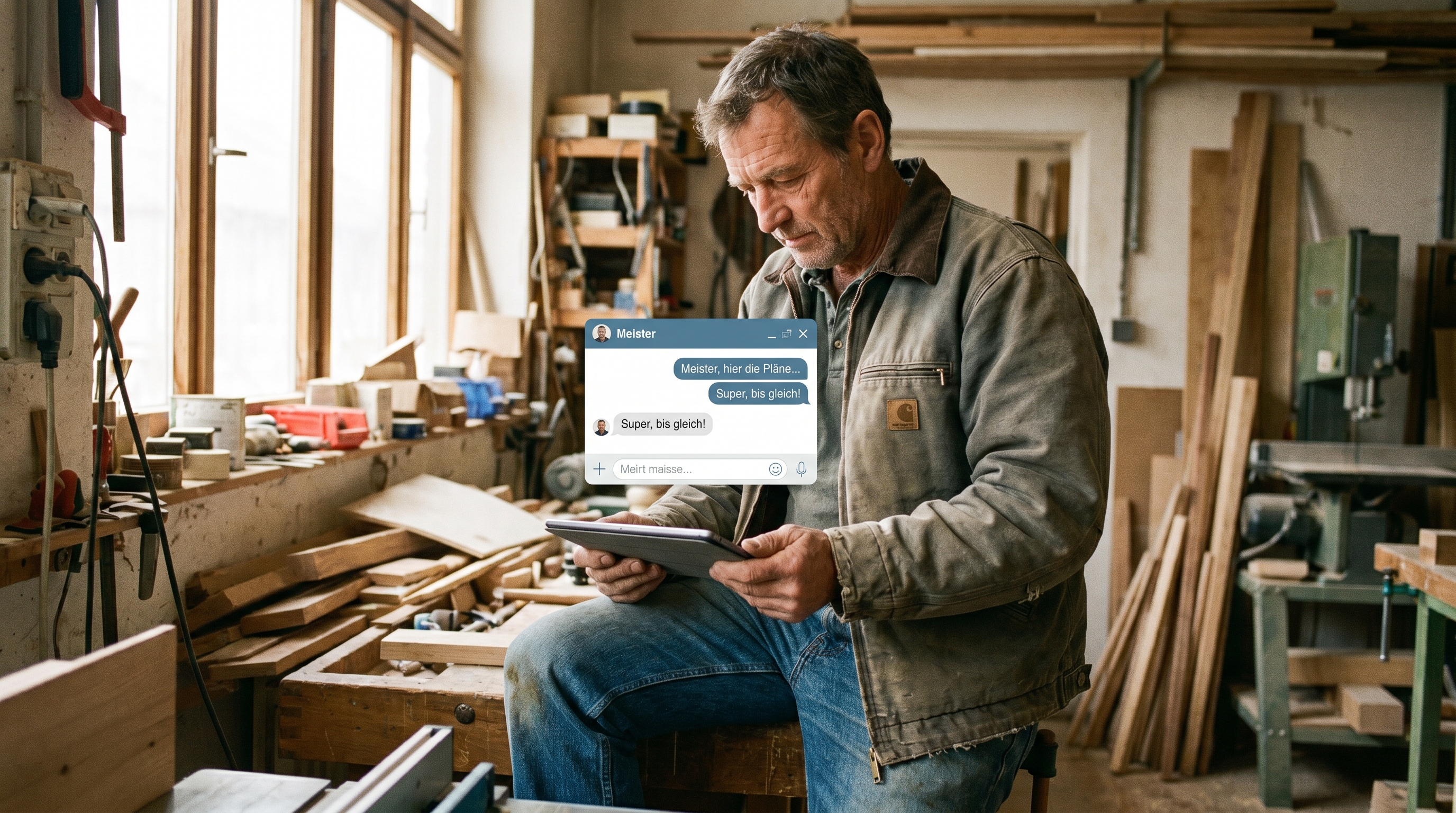 Ein Handwerker in Arbeitskleidung blickt auf ein Tablet, auf dem ein moderner Chat-Dialog zu sehen ist. Im Hintergrund eine Werkstatt mit Werkzeugen. Warme, professionelle Beleuchtung.
