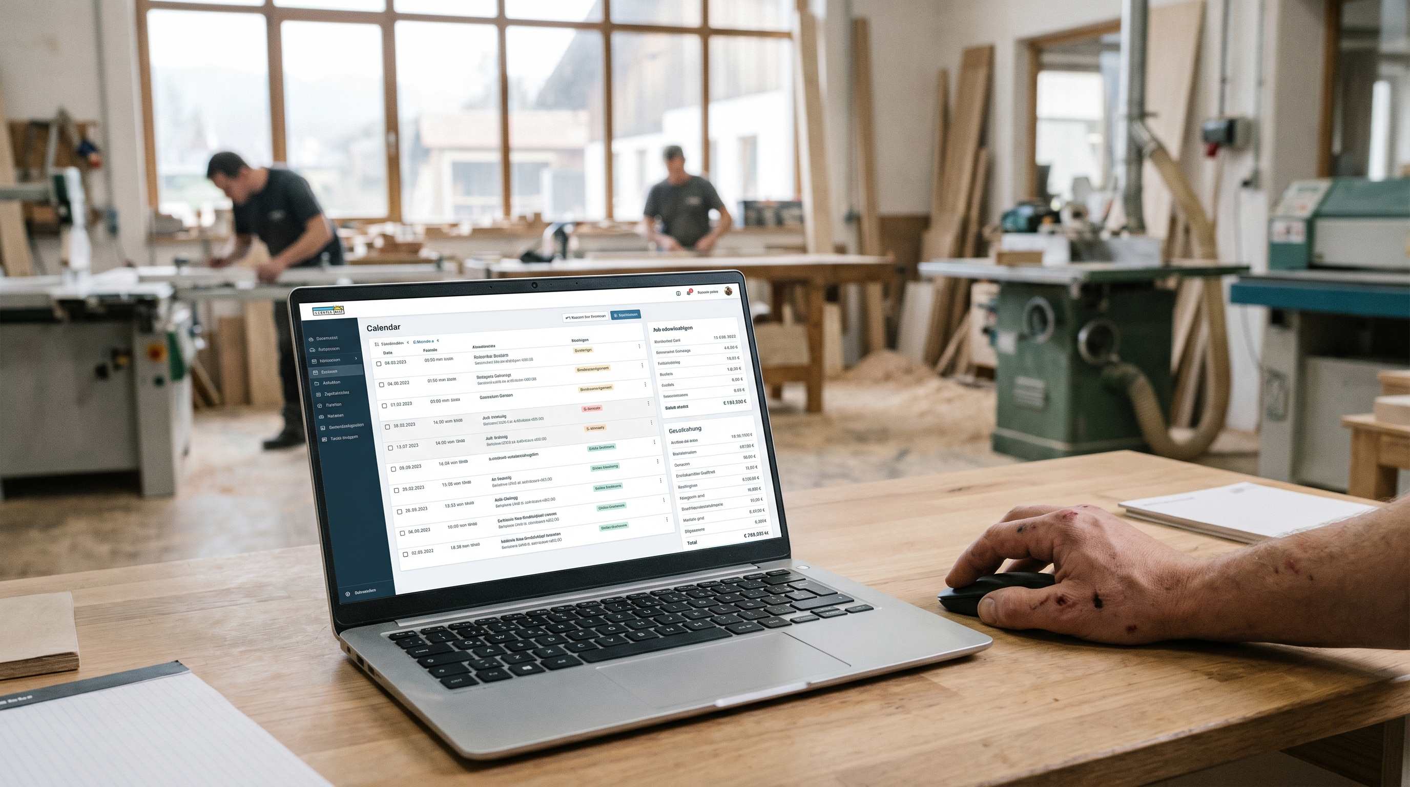 Ein aufgeräumter Schreibtisch in einem Handwerksbetrieb mit Laptop, auf dem eine moderne Bürosoftware-Oberfläche sichtbar ist, im Hintergrund eine Werkstatt – Verbindung von Handwerk und digitaler Verwaltung.