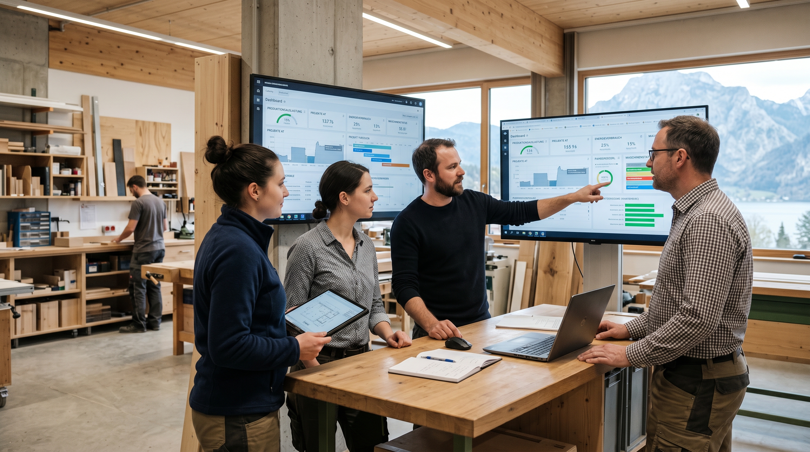 Moderne österreichische Werkstatt oder Büroumgebung mit digitalen Dashboards, in der ein kleines Team gemeinsam an Bildschirmen arbeitet — hell, optimistisch, professionell.