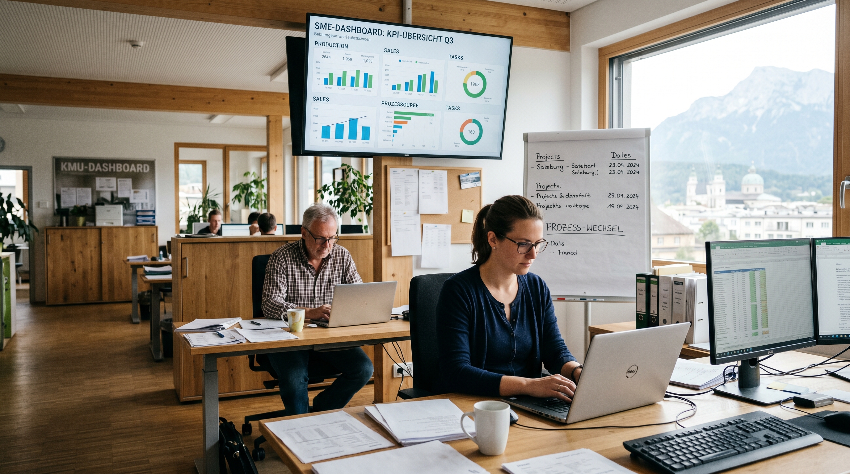 Modernes österreichisches Büro mit digitalen Dashboards und Mitarbeitern, die an Laptops arbeiten – symbolisiert den Übergang von analogen zu digitalen Geschäftsprozessen in einem KMU.