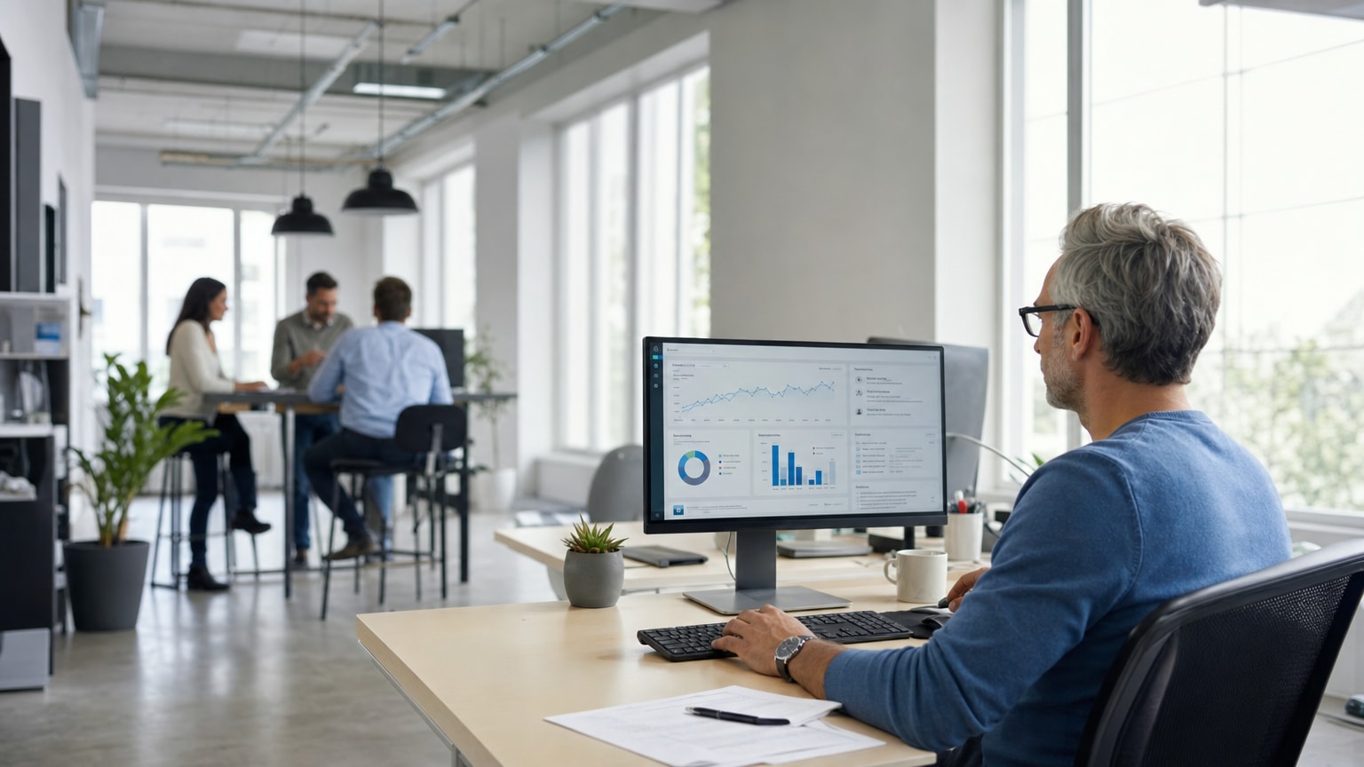 Ein modernes, helles Büro eines kleinen österreichischen Unternehmens. Auf einem Bildschirm sind Dashboard-Elemente mit Vertriebsdaten und KI-gestützten Empfehlungen zu sehen. Eine Person arbeitet entspannt am Schreibtisch, während im Hintergrund ein kleines Team kollaboriert.