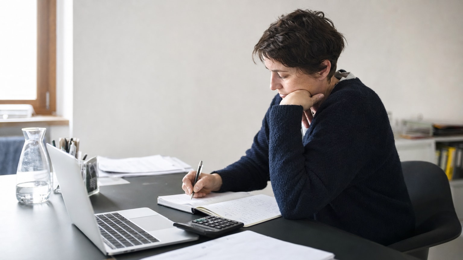 Ein aufgeräumter Schreibtisch mit Laptop, Taschenrechner und handschriftlichen Notizen zur Budgetplanung – symbolisch für die nüchterne Kostenanalyse eines KI-Projekts in einem kleinen Unternehmen.