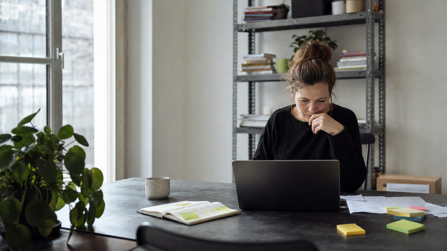 Ein aufgeräumter Schreibtisch mit Laptop, Notizbuch und Post-its, auf denen Content-Ideen stehen – konzentrierte Arbeitsatmosphäre eines Wochenend-Workshops in einem kleinen Büro.
